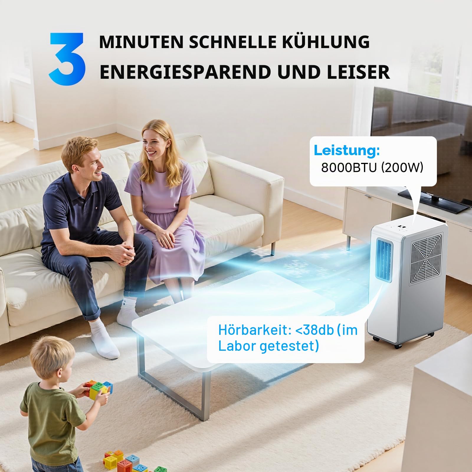 Mobile Klimaanlage, Kühlung, Ventilator, Entfeuchtung, 4-in-1-Klimagerät, 3 Geschwindigkeitsstufen, leise, 24-Stunden-Timer, perfekt für Haus, Büro & Schlafzimmer (reinweiß)