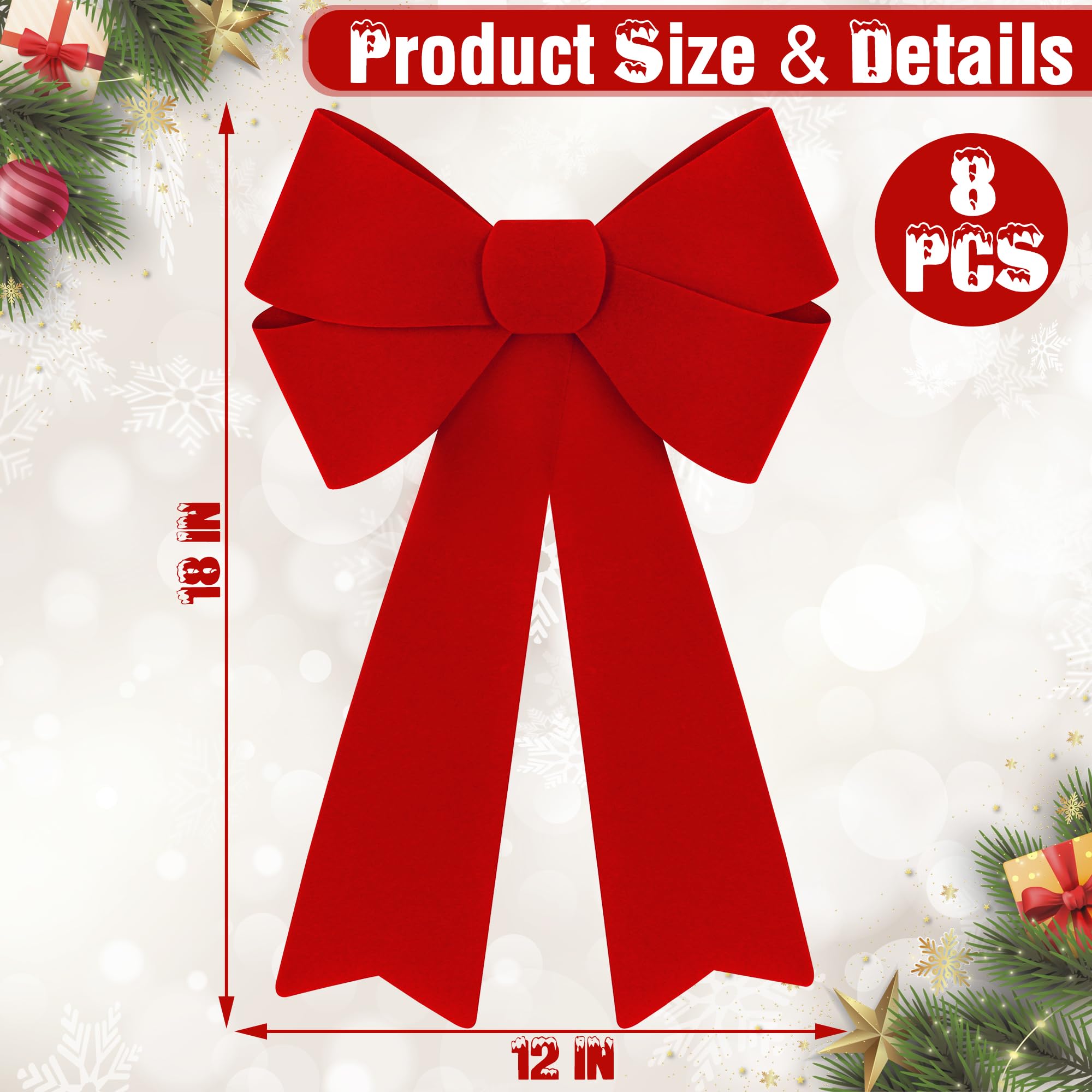 8 piezas de decoraciones de Navidad, lazos rojos de Navidad de 12 x 18 pulgadas, lazos de Navidad grandes de PVC de terciopelo rojo para colgar en exteriores, interiores, decoración de fiesta para