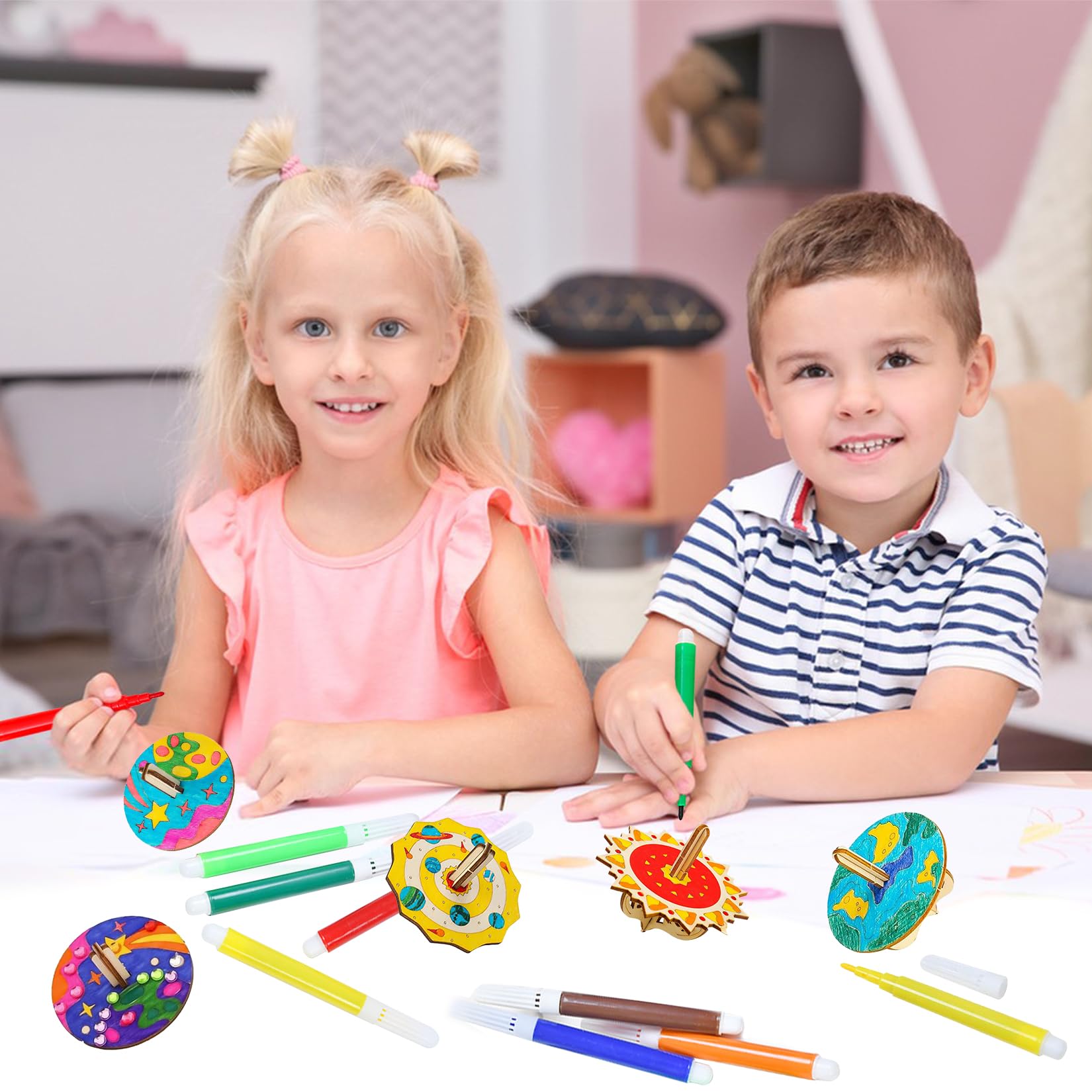 12 Gyroscopes En Bois à Peindre – Kit DIY Enfant Avec Stylos Et Autocollants – Idée Cadeau Anniversaire