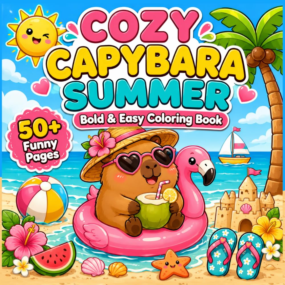 Cozy Capybara Summer Coloring Book: Bold and Easy Cute Summer Coloring Pages for Kids, Teens, Adults, and Capybara Lovers
