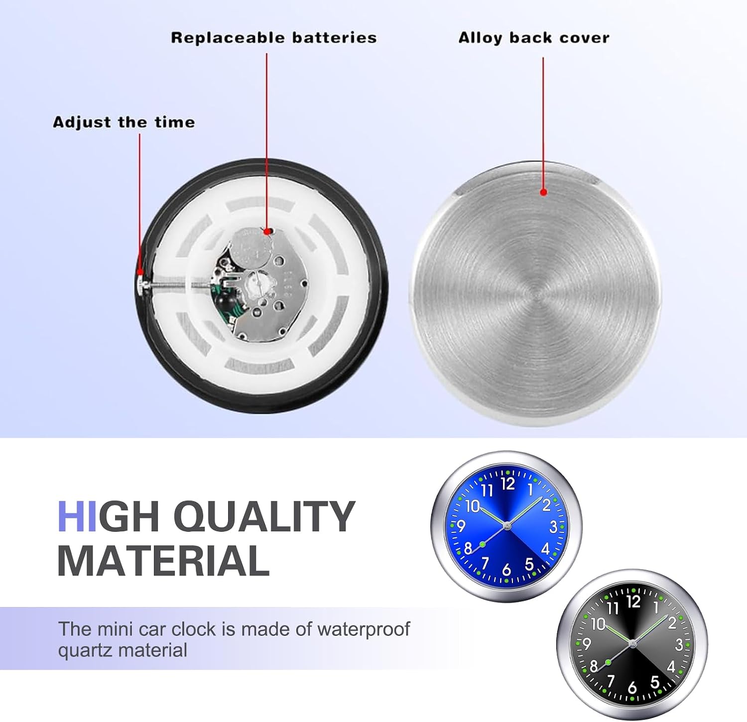 2 PCS Luminous Car Clock for Dashboard, Small Stick on Clock for Vent, Vent Mini Cars Watch Accessories, Suitable for Home Boat Truck SUV Car (Black & Blue)