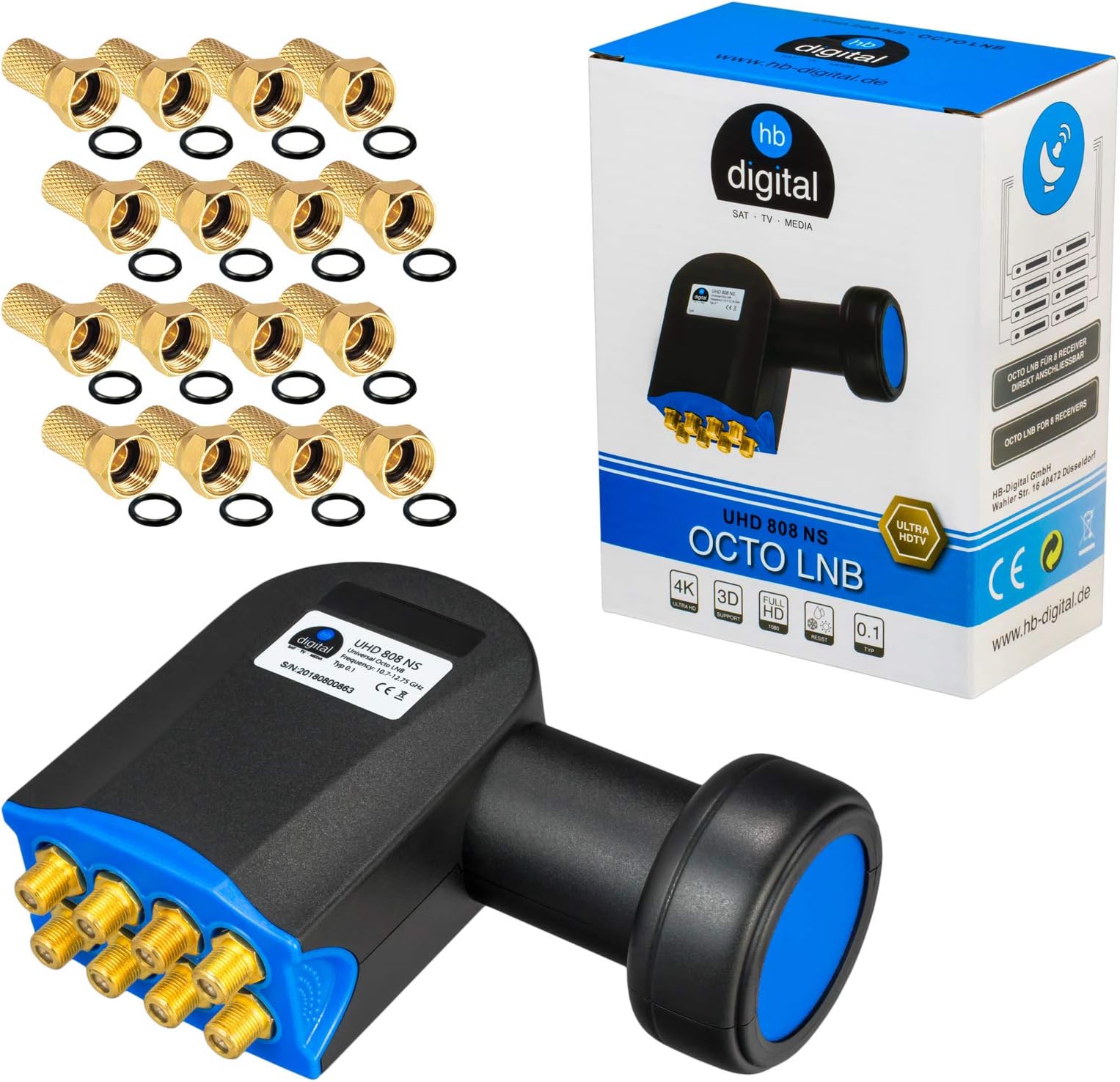 HB-DIGITAL Octo LNB LNC connector with 8 outputs Full HD 3D TV + gold-plated contacts + weather protection (expandable), set with 8 F plugs