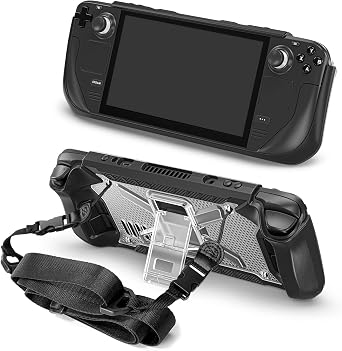 Rugged Case for Steam Deck Console with Kickstand & Shoulder Strap, TPU+PC Shockproof Anti-Scratch Back Shell Protective Cover with Shoulder Strap Ergonomic Grip Black+Frosted Clear