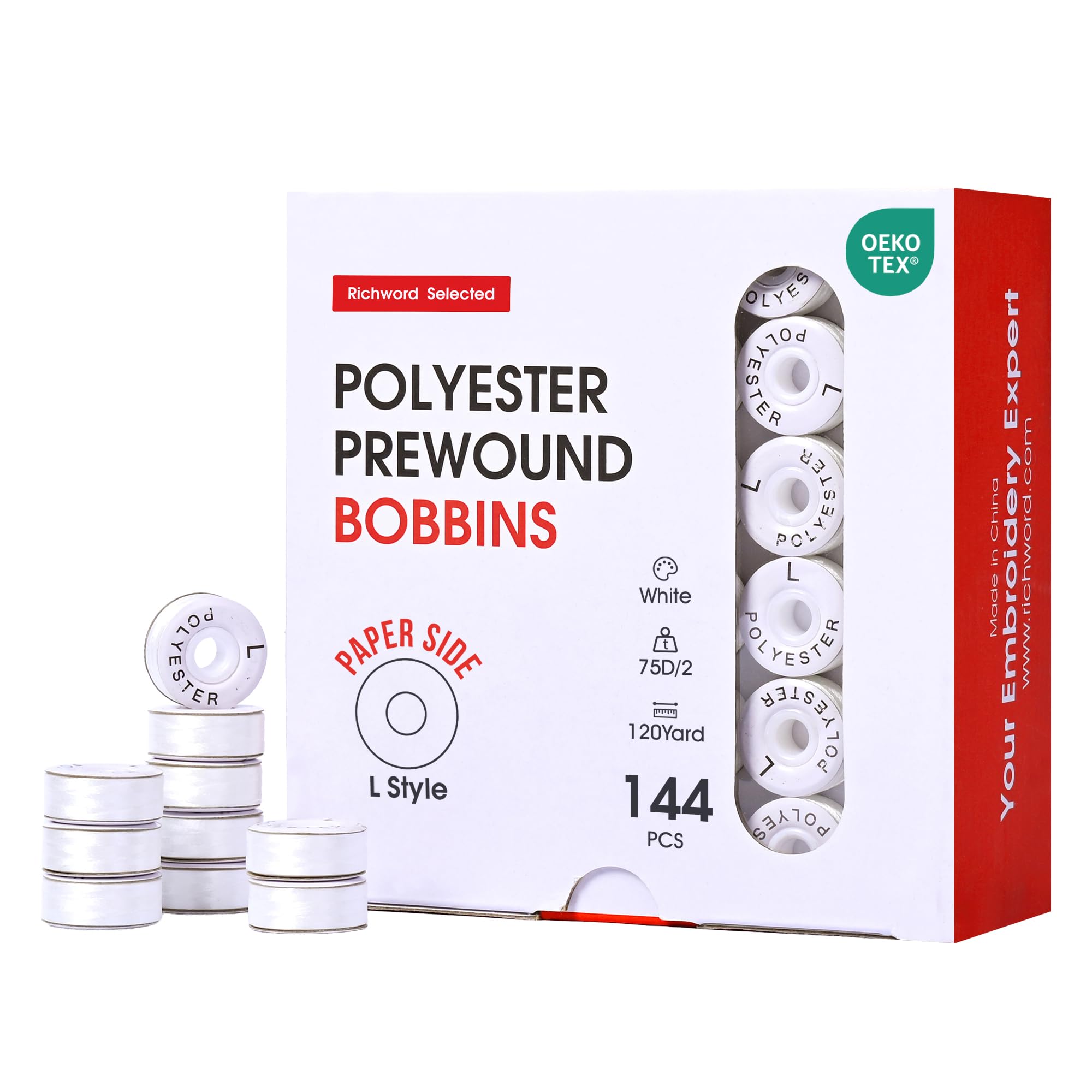 Poolin Prewound Bobbins, Richword Selected White Cardboard Sided 144pcs Size L(SA155), 75D/2(60WT) Polyester Bobbin Thread for Commercial Multi Needles Embroidery Machine, 120 Yards