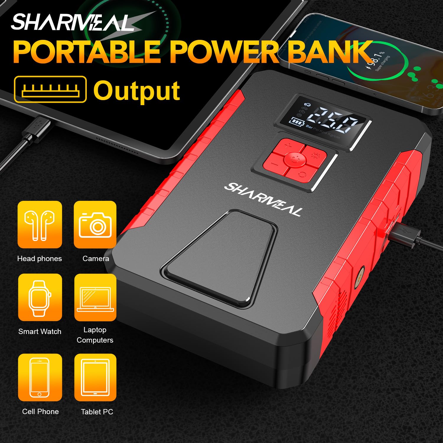 SHARMEAL Paquete de energía de Arranque de 5000 A con compresor de Aire de 150 PSI, Amplificador de batería portátil de Coche de 12 V (10.0 L de Gas/9.0 L diésel), Banco de energía de Arranque de
