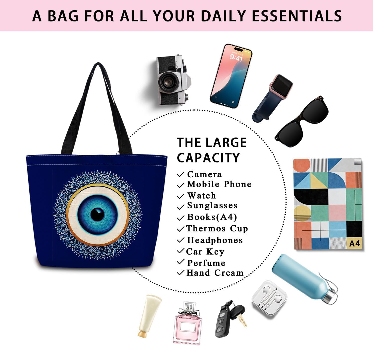 Blue Eye Tote Bag Reusable Grocery Bags Aesthetic Shopping Shoulder Handbag with Interior Zipper Pocket Stylish Blue Evil Eye Present for Women - Image 7