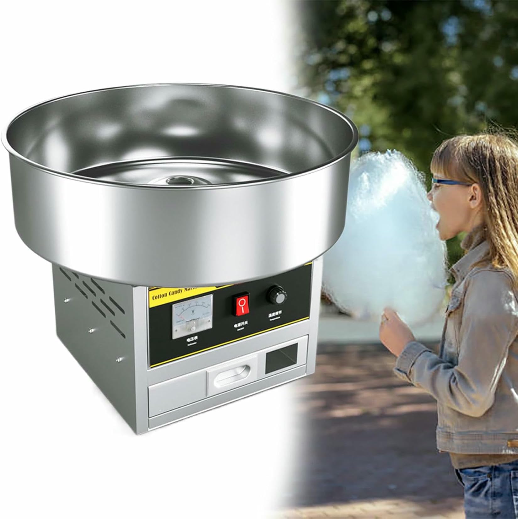 Máquina Comercial Grande para Hacer Algodón de Azúcar, Máquina Eléctrica para Hacer Algodón de Azúcar con Recipiente de Acero Inoxidable,Cuchara para Azúcar,para Reuniones Familiares~/