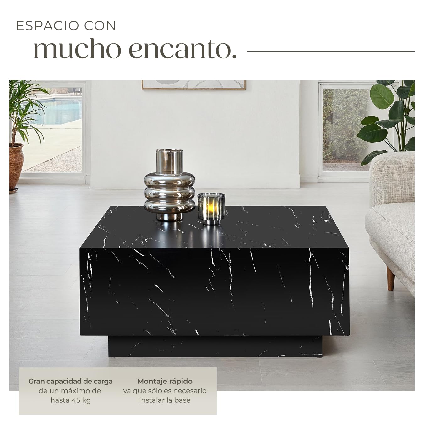 tectake® Mesa de Centro con Diseño Minimalista, Mesa Auxiliar Salon para Mueble Salon Moderno, Mesas Auxiliares, Mueble Comedor, Mesitas de Noche - 80 x 80 x 35 cm Aspecto Mármol Negro