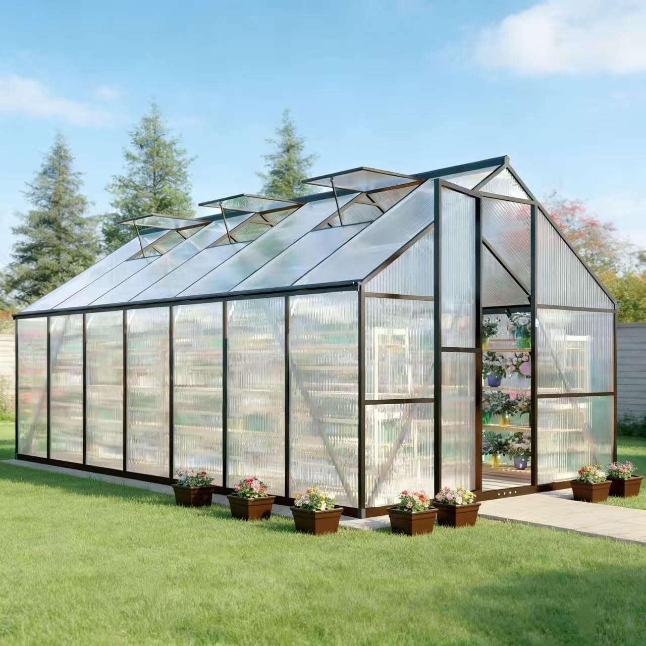 8x14 FT Greenhouse for Outdoors, Polycarbonate Greenhouse with Quick Setup Structure and Roof Vent, Aluminum Large Walk-in Green House for Outside Garden Backyard, Charcoal Black