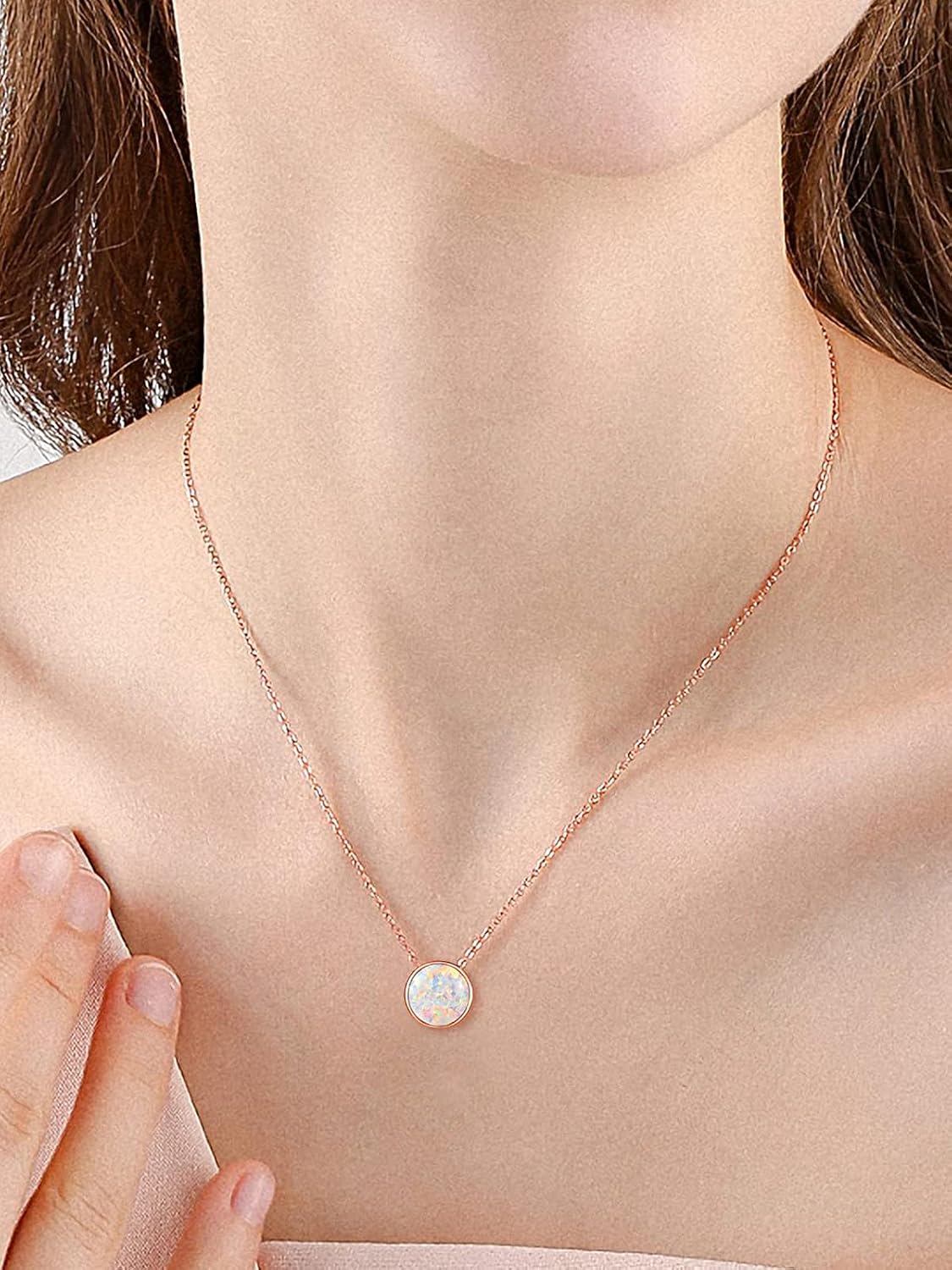 TANGPOET Dainty 8mm Opal Necklace for Women 925 Sterling Silver Circle Pendant Necklace Lab Created Opal Jewelry Gift for Birthday with 18"+2" Chain - Image 2