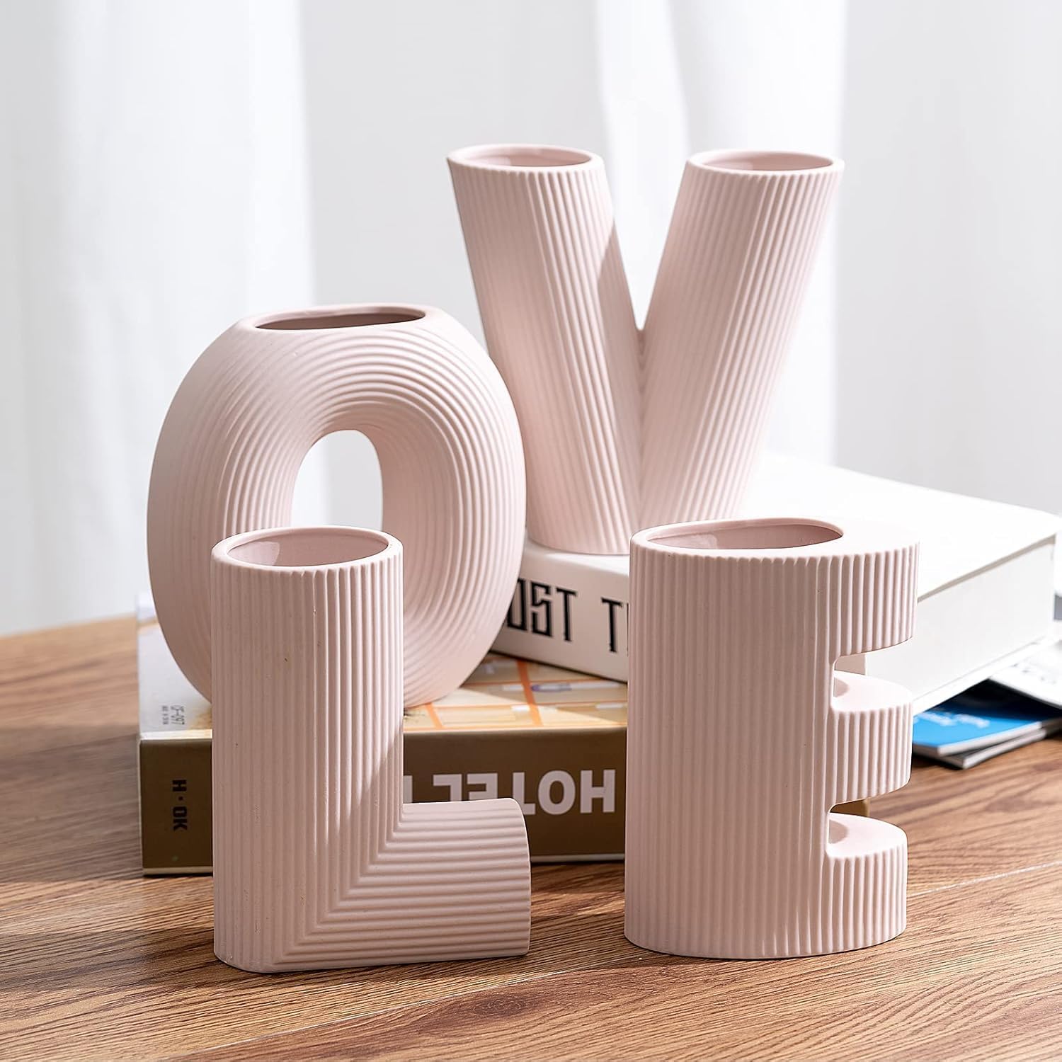 Ceramic Vase Set of 4,Modern Minimalist Vase,Flower Vases for Wedding Party Home Decor,Love-Shape-Style Vase Set（Pink）
