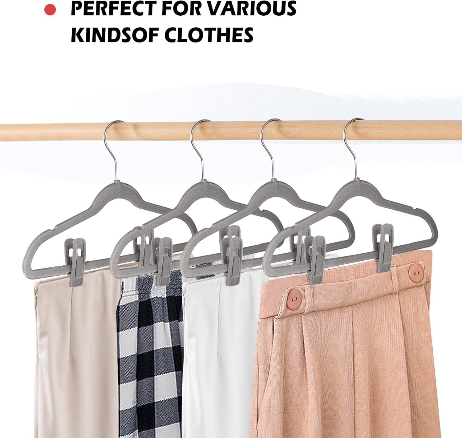 Tinfol Clip in velluto grigio, confezione da 80 clip in velluto per pantaloni, grande apertura per vestiti, clip floccata forte per dita, perfette per appendiabiti sottili in velluto