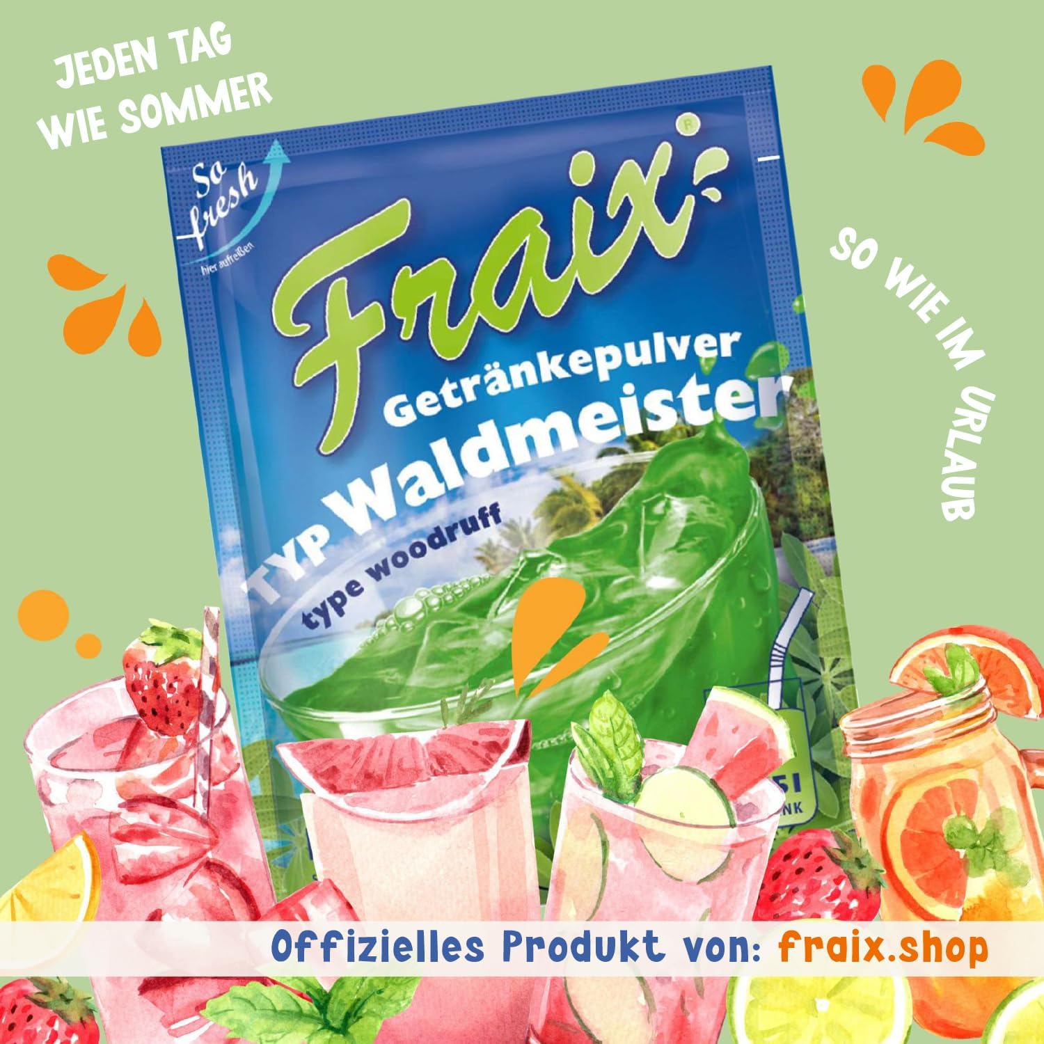FRAIX Bebidas en polvo Waldmeister, paquete de 150 unidades (150 x 100 g), polvo refrescante instantáneo con sabor floral, polvo de fruta perfecto para pícnic, fiesta de cumpleaños