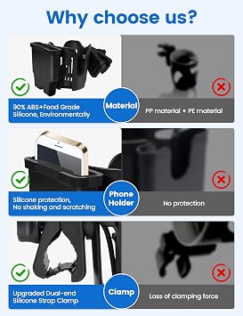 Wheelchair Cup Holder with Phone Holder, 2-in-1 Walker Cup Holder, 360 Rotatable Clamp with Silicone Shock Protection, Accessories for Rollator Walker with Seat, Wheelchair, Walker, Camper, Golf Cart