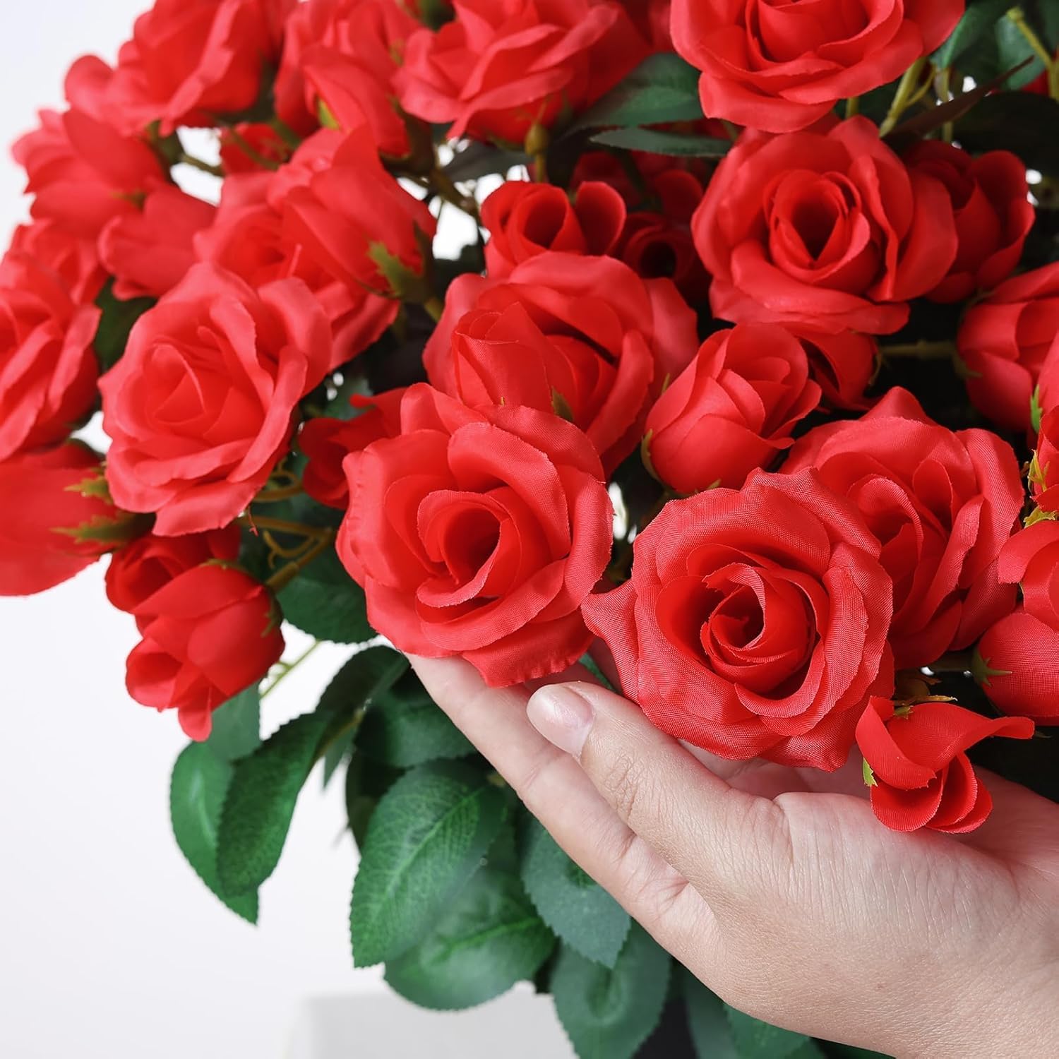 2 Set of Artificial Rose Topiary Trees - Faux Silk Flower Potted Plant, UV Resistant Fake Outdoor Rose Bush for Front Door, Farmhouse, Porch, Garden Decor (Red)