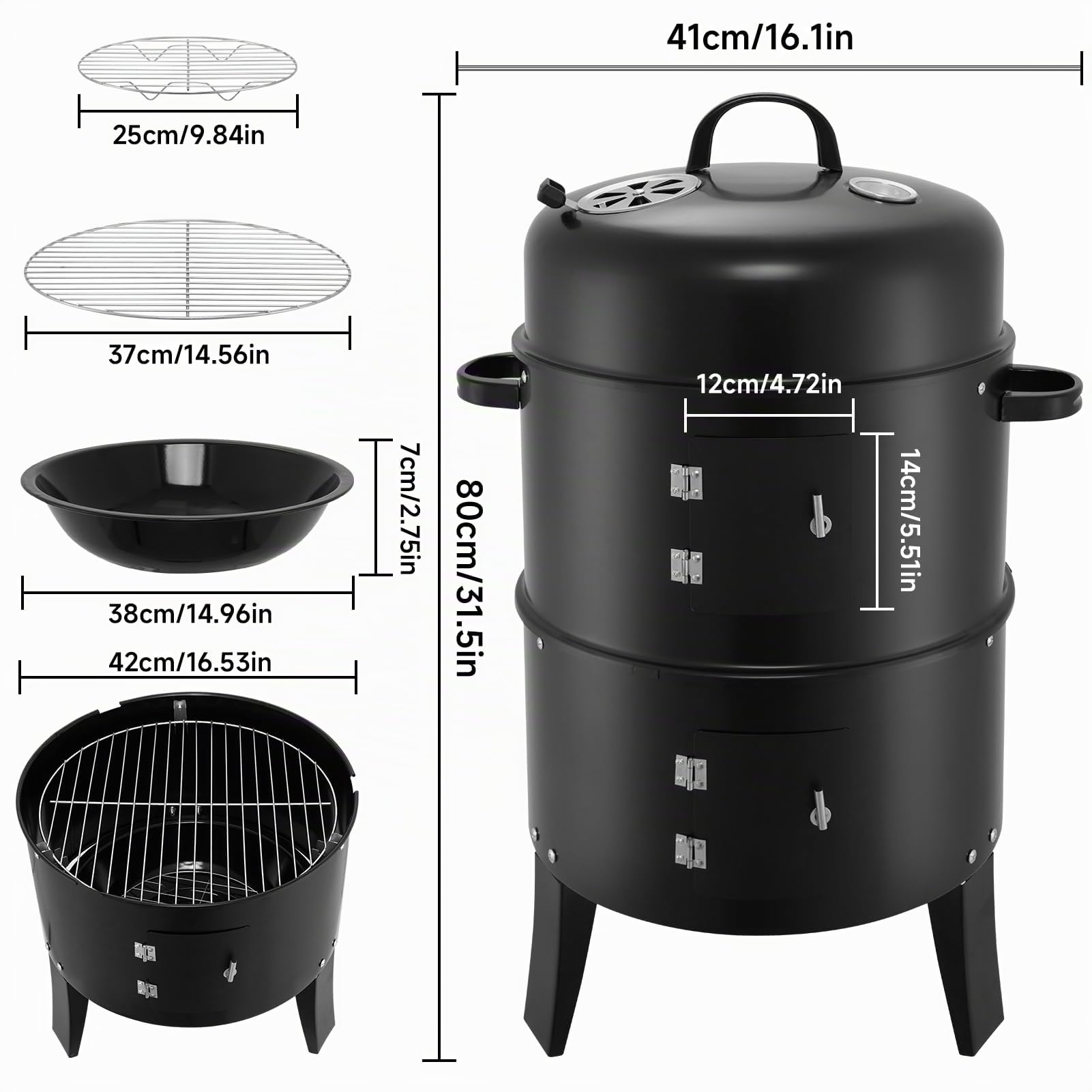 Affumicatore per barbecue, Ø 41 cm, grande griglia outdoor con termometro e 6 fessure di aspirazione, griglia a carbone per campeggio, picnic, giardino e cucina all'aperto