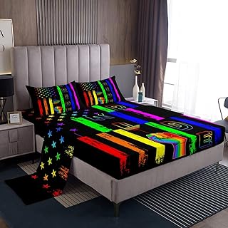 American Flag Sheet Set Full,Rainbow Stripes Bed Sheet Set 4pcs with Deep Pocket Fitted Sheet + Flat Sheet + 2 Pillowcases Pride Theme Soft Black Watercolor Bedding Set for Kids Teens Room Decor