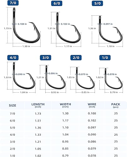 Miniatura 3 de BLUEWING Gancho circular de gran espacio de 25 ganchos de pesca de acero de alto carbono, ganchos de pesca extra afilados para pesca en agua dulce
