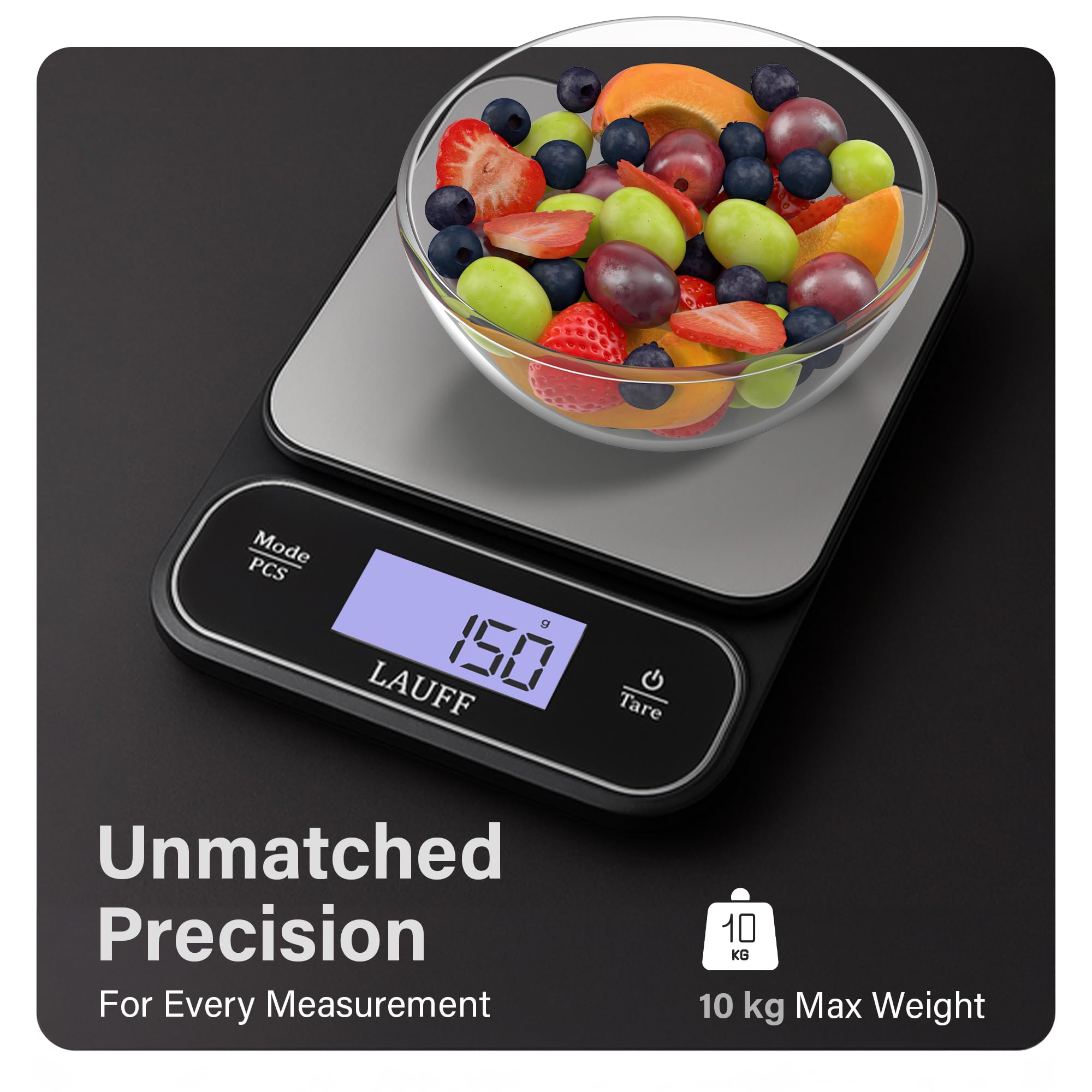 Lauff Lebensmittelwaage, 10 kg, digitale Küchenwaage, Gewicht Gramm und oz zum Kochen, Backen, 1 g präzise Graduierung