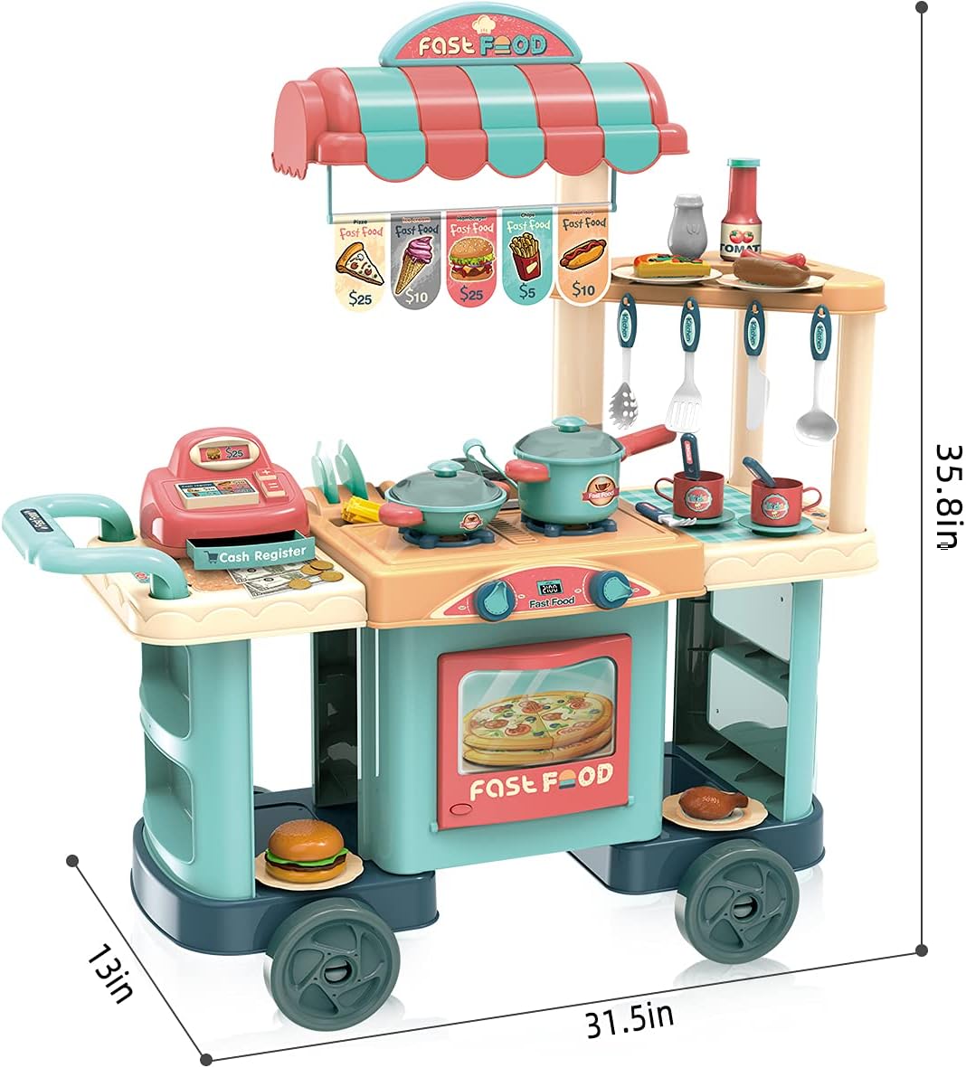 Play Kitchen Set for Kids - 62 PCS Super Jumbo Kitchen Playset Pretend Toys Food with 4Pcs Movable Wheels for Kitchen Cooking Playset, Kids Kitchen Playset for Toddlers Girls and Boys Great Gift