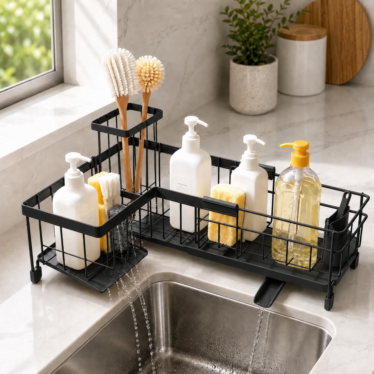 Extendable Sink Sponge Holder, Neaclynn Kitchen Sink Caddy with High Brush Holder for Dying Sponge, Brushes, Quick Drain Sponge Holder for Kitchen Sink Counter - Black