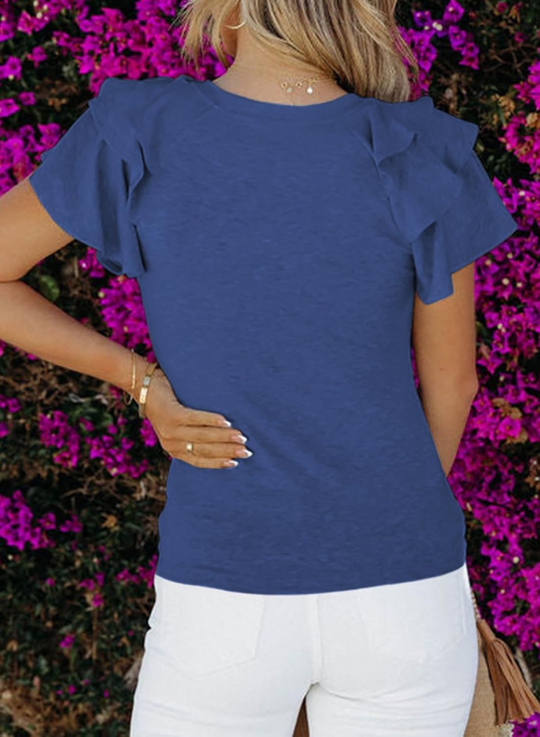 SHEWIN Womens Summer Tops Ruffle Short Sleeve T Shirts Casual Slim Fit - Image 4