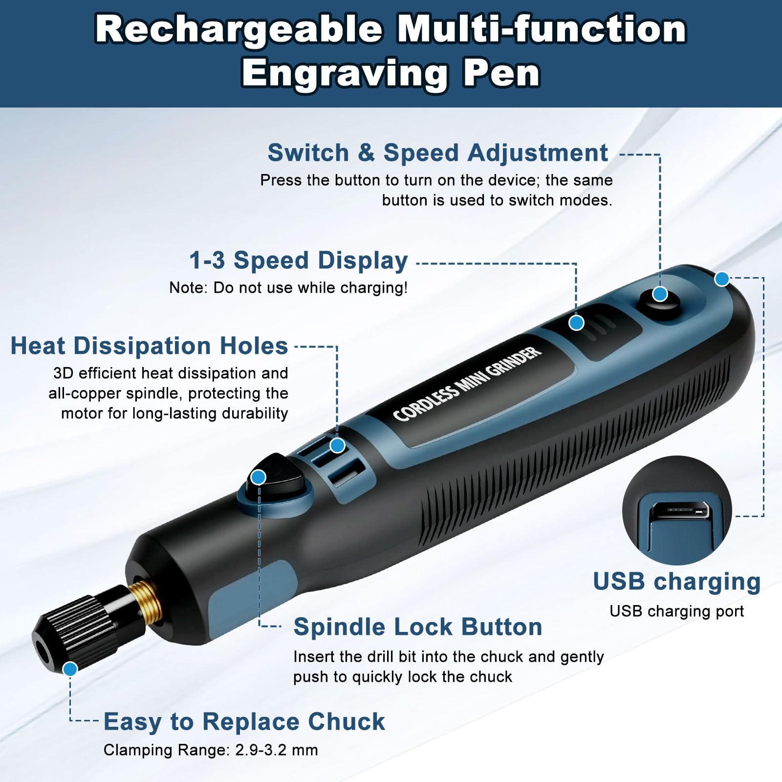 Lápiz de Grabado Eléctrico con 50 Cabezales, Multiherramienta Herramienta Rotativa, Mini Amoladora Eléctrica Grabador Inalámbrico USB Recargables Portátil para Grabar/Taladrar/Cortar/Esmerilar