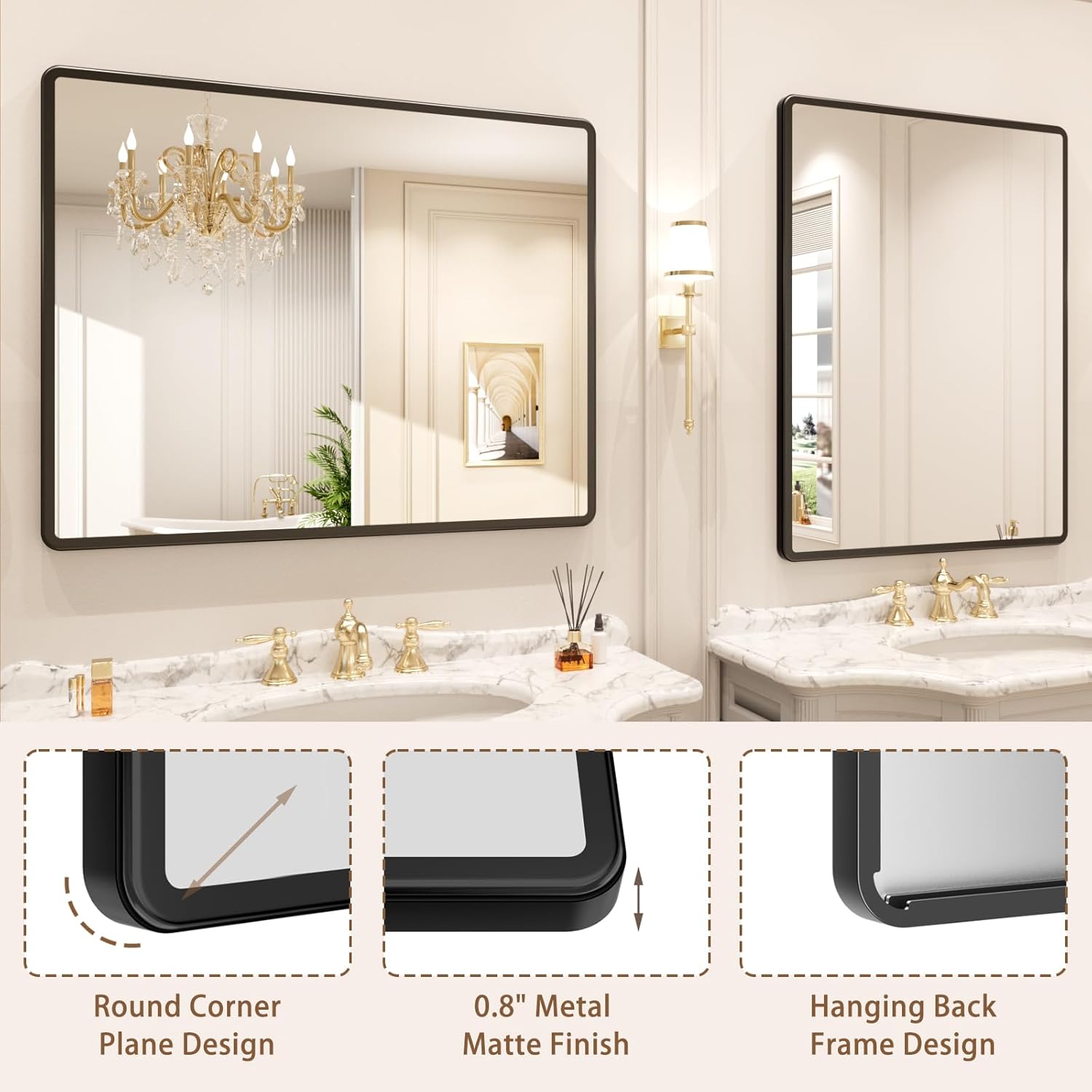 pertetey New Upgrade Bathroom Mirror, 24X36 Inch Black Metal Frame Wall Mounted Rounded Rectangle Bathroom Vanity Mirror with Tempered Glass for Washroom Bedroom Living Room