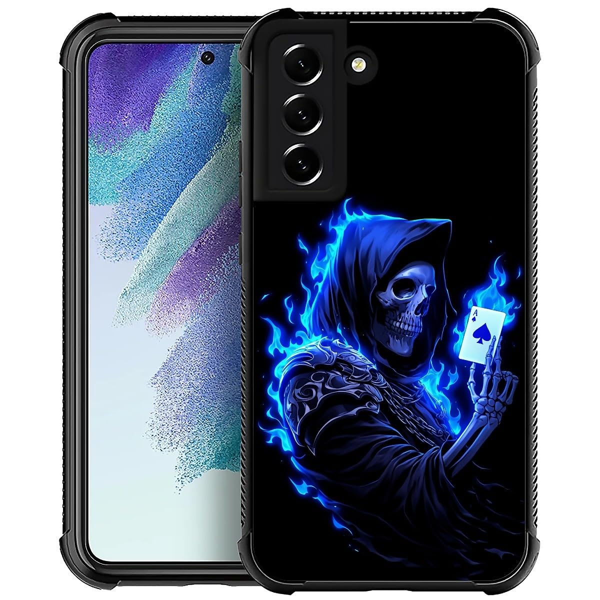 CARLOCA Compatible with Samsung Galaxy S22 Case, Blue Flame Skull Poker Fashion Pattern Design for Girl Shockproof Anti-Scratch Hard PC Back Case for