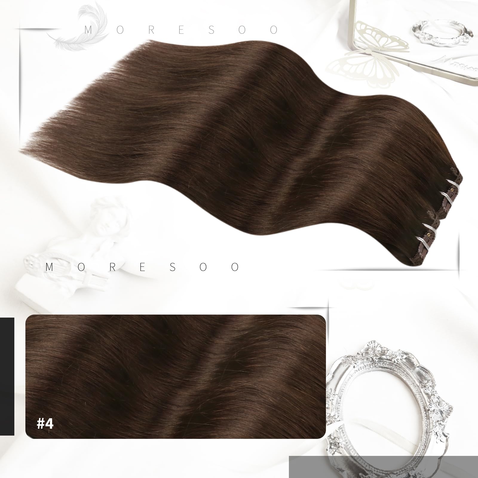 Moresoo Clip in Hair Extensions Real Human Hair 20 Inch Dark Brown Clip in Human Hair Extensions Brown Straight Human Hair for Women Adding Volume Natural Looking 5pcs/80G #4 - Image 2