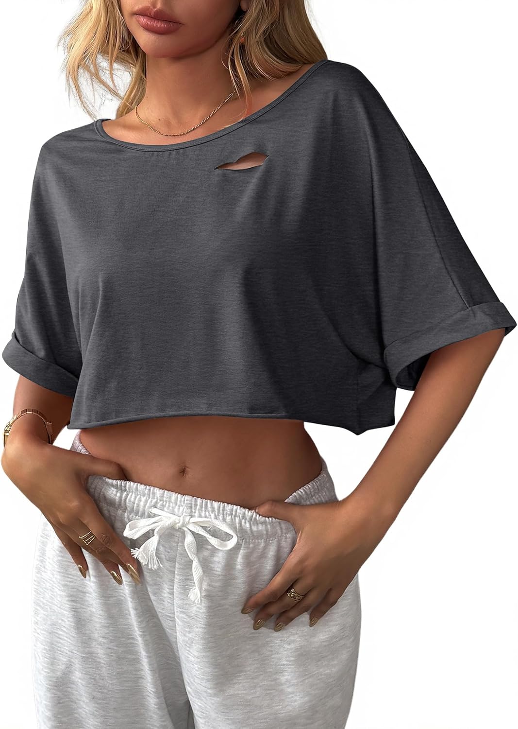 Avanova Women Off The Shoulder Crop Tops Distressed Ripped Batwing Short Sleeve Oversized Tee T-Shirt - Image 2