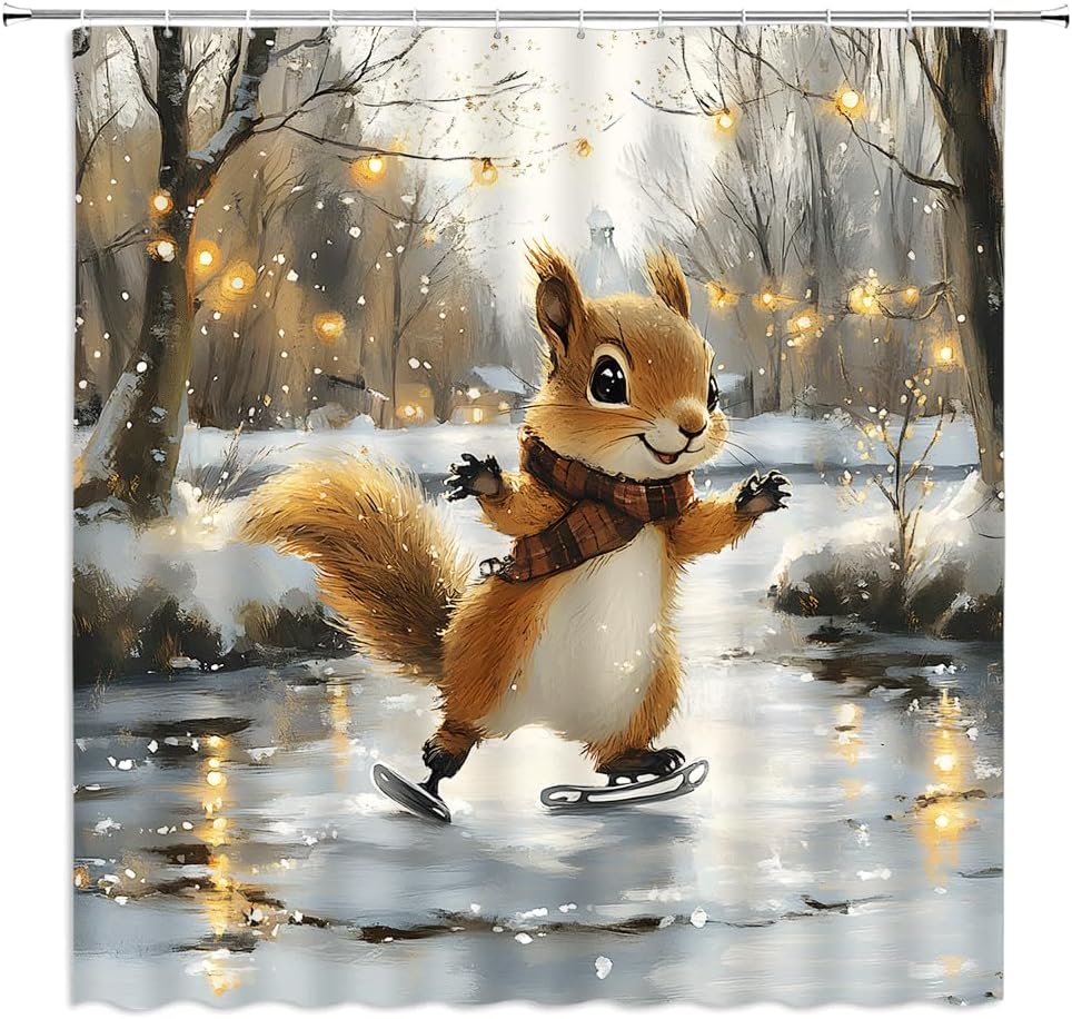 Winter Squirrel Shower Curtain Funny Animal Skating in Lake Snowy Forest Merry Christmas Xmas Scenery Rustic Rural Nature Bathroom Decor Polyester Fabric Curtains with Hook 70Wx80H Inches