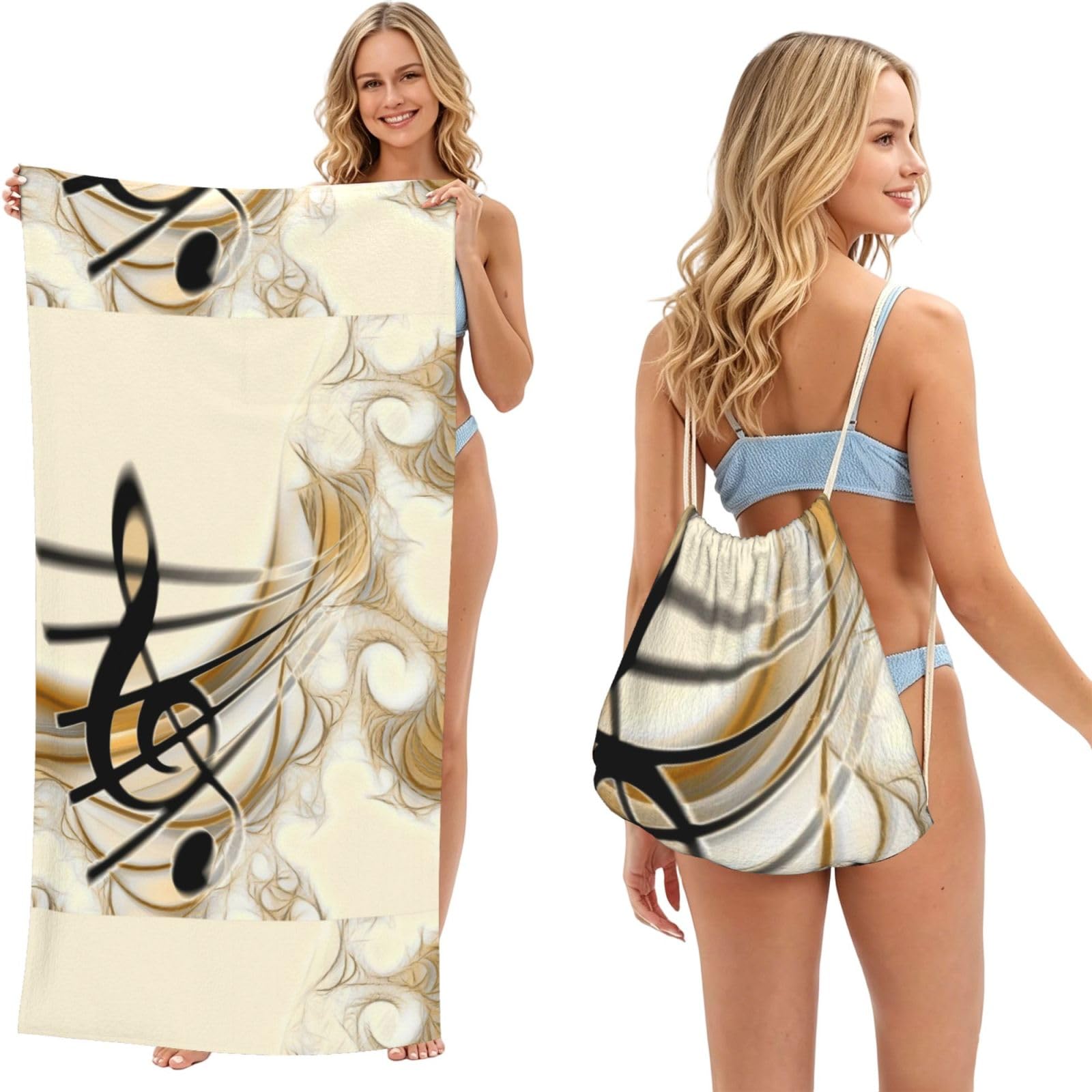 Poadnly As Picture Music Note, 2 In 1 Packable Towel Bag, Beach Towels With Drawstring Backpack For Travel Holiday Camping