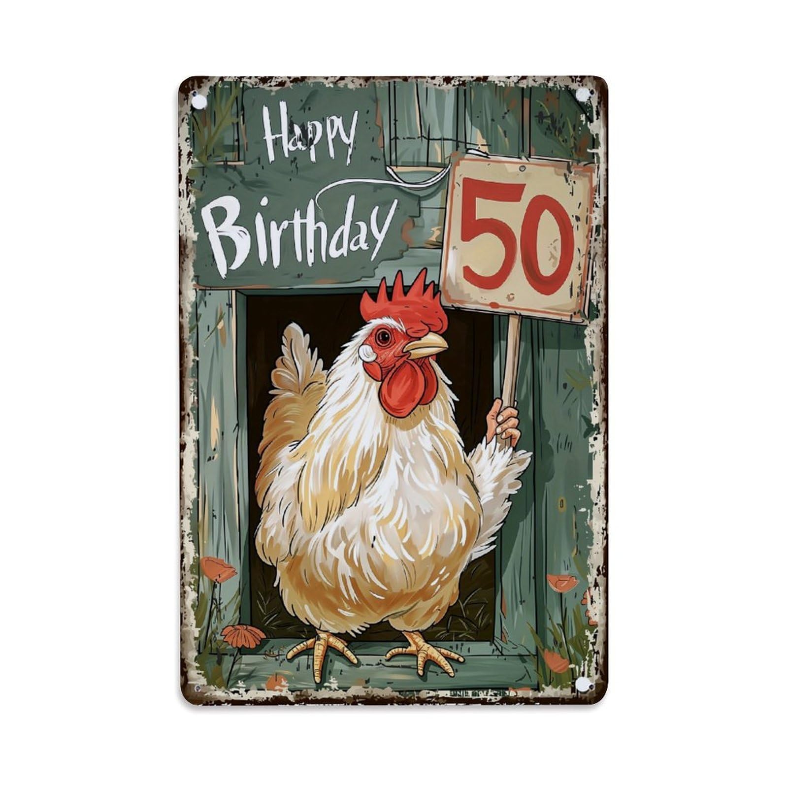 Nestemfo Vintage Happy Birthday Fifty Chicken Sign Tin Sign Metal Sign, Living Room,Bar, Home, Bedroom Wall Decor,Retro Metal Poster 8X12 Inches