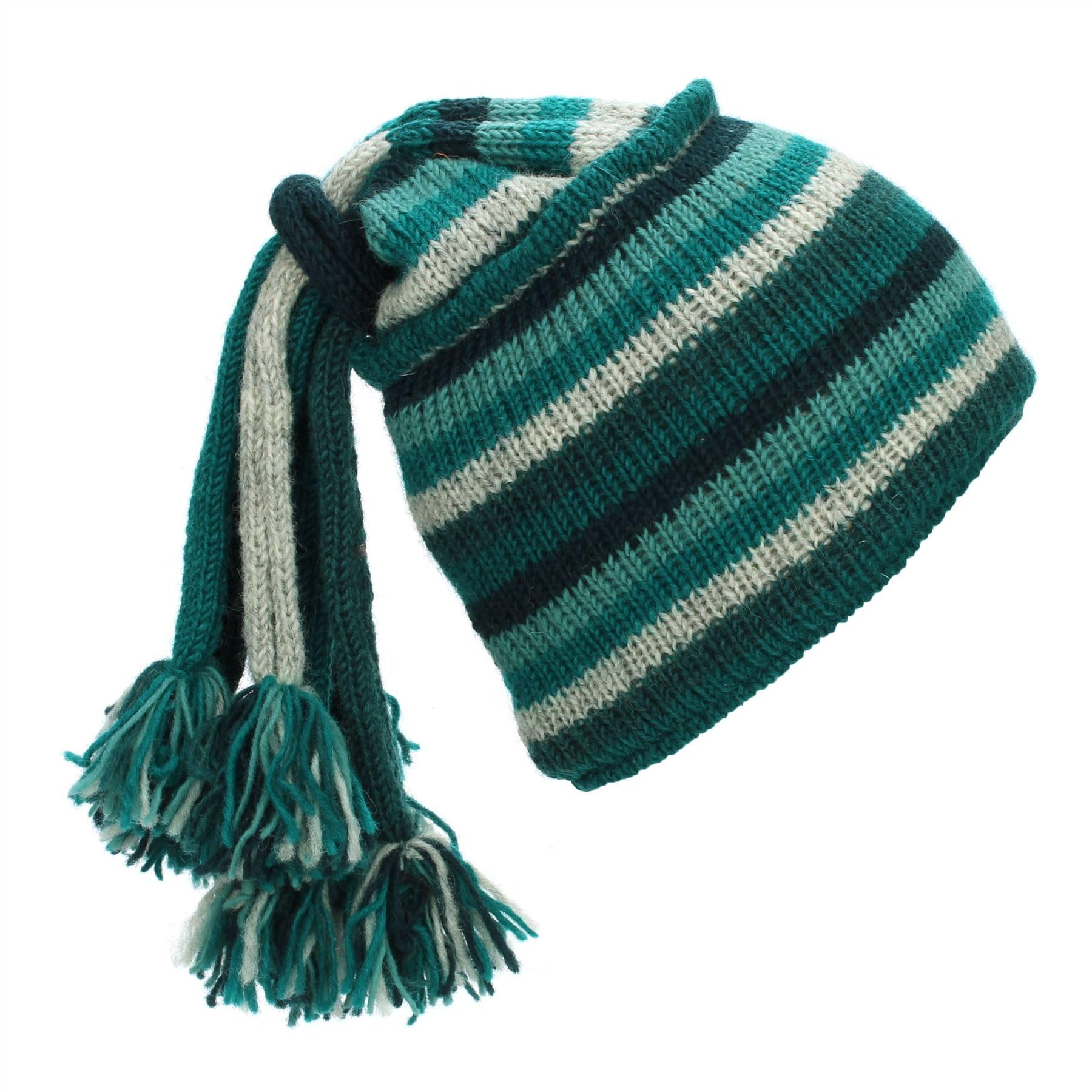 Loudelephant Stripe Teal Hand Knitted Beanie Fountain Tassel Hat