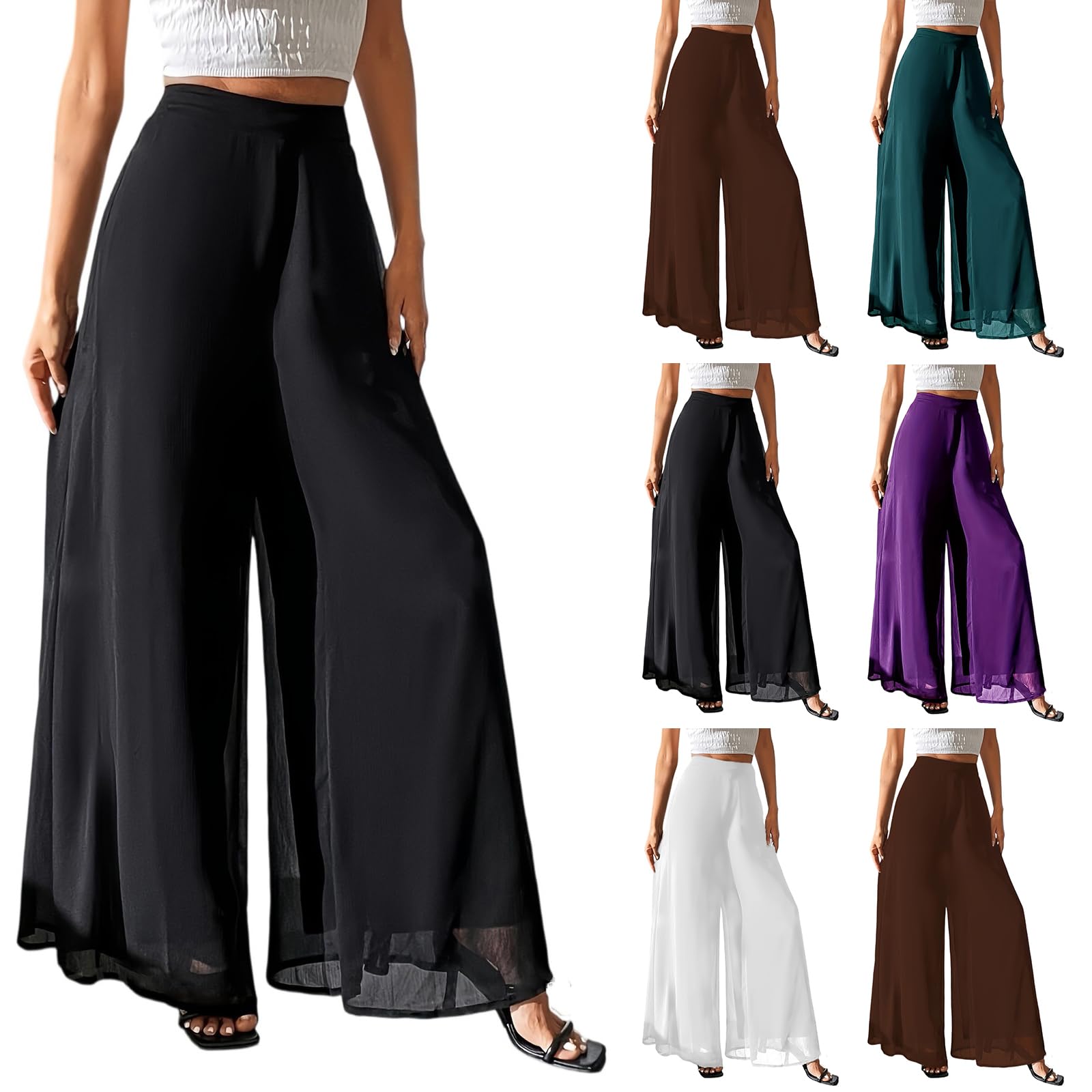 Wide Leg Palazzo Pants for Women Dressy Casual Chiffon Pants High Waisted Work Trousers Slacks Culottes with Pockets