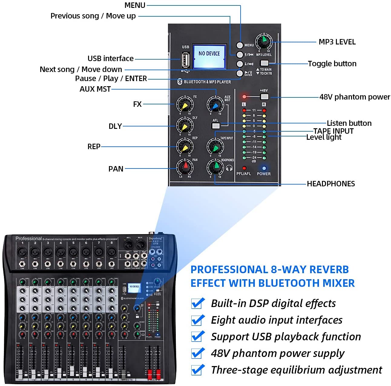 Depusheng DT8 Mixer professionale Scheda audio Console 8 canali Interfaccia sistema scrivania USB digitale Computer Ingresso MP3 Alimentazione Phantom 48V, nero