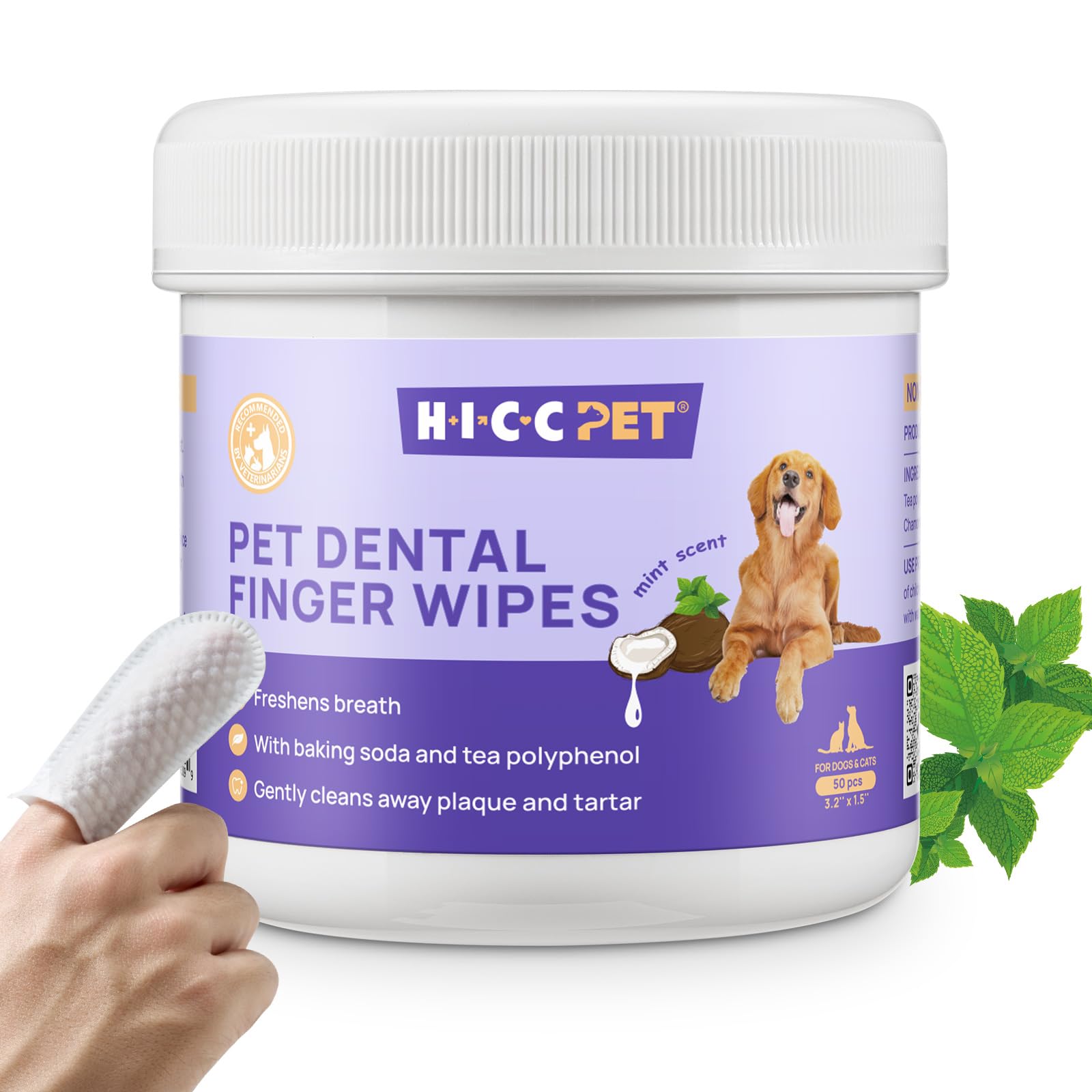 HICC Pet Teeth Cleaning Wipes for Dogs & Cats, Vet-Recommended Remove Bad Breath, Plaque, Tartar Buildup Dog Finger Toothbrush Wipes, Dog Tooth Brushing Kit, Pet Toothpaste & Toothbrush Alternatives