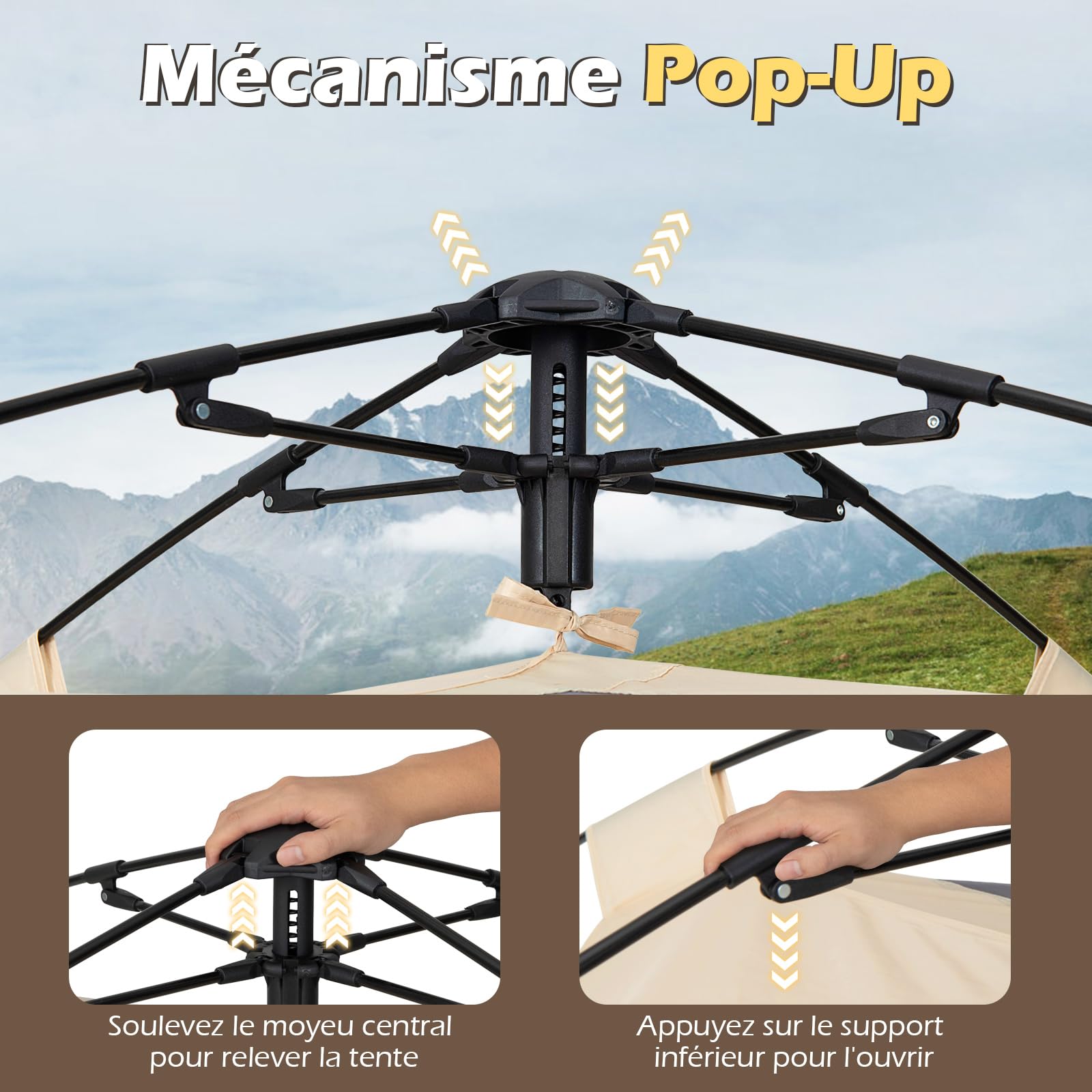 COSTWAY Tente de Camping Pop up 4 Personnes, Tente Extérieure Portable avec Bâche Anti-Pluie 4 Fenêtres en Maille 2 Portes Sac de Transport, pour Randonnée Pique-Nique, 230 x 230 x 152 cm