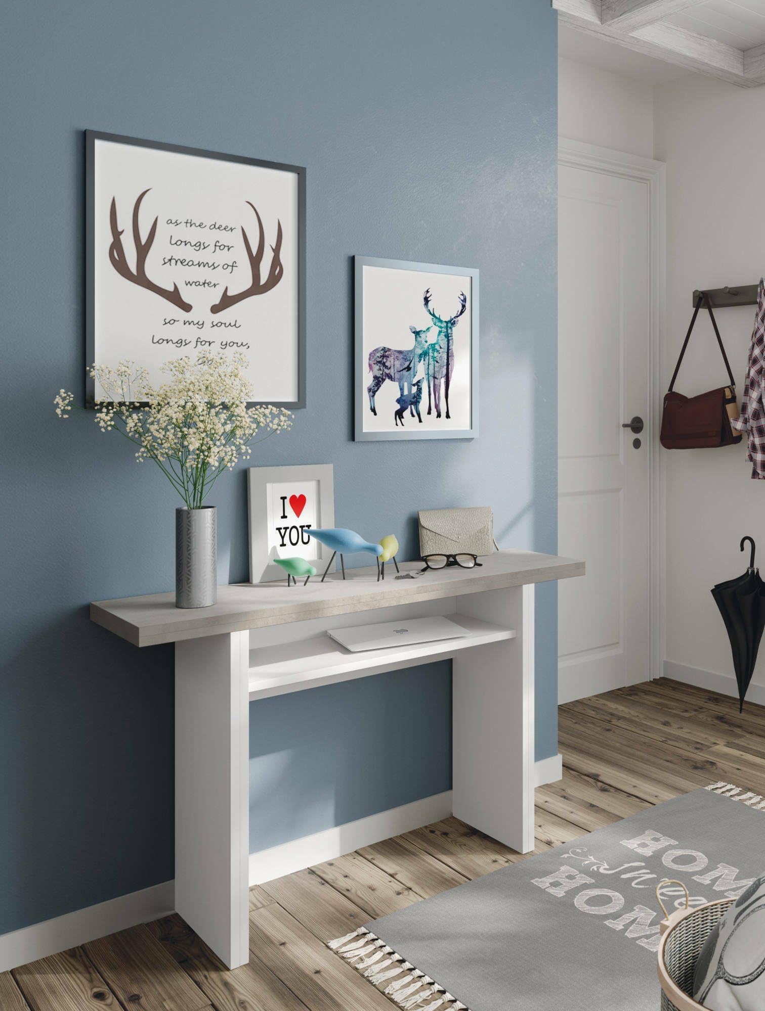 Dmora Tavolo Allungabile Salvaspazio Garland in Legno, 2-4 Posti con apertura a libro e vano contenitore, Per cucina, 35/70h77 cm Bianco Cemento