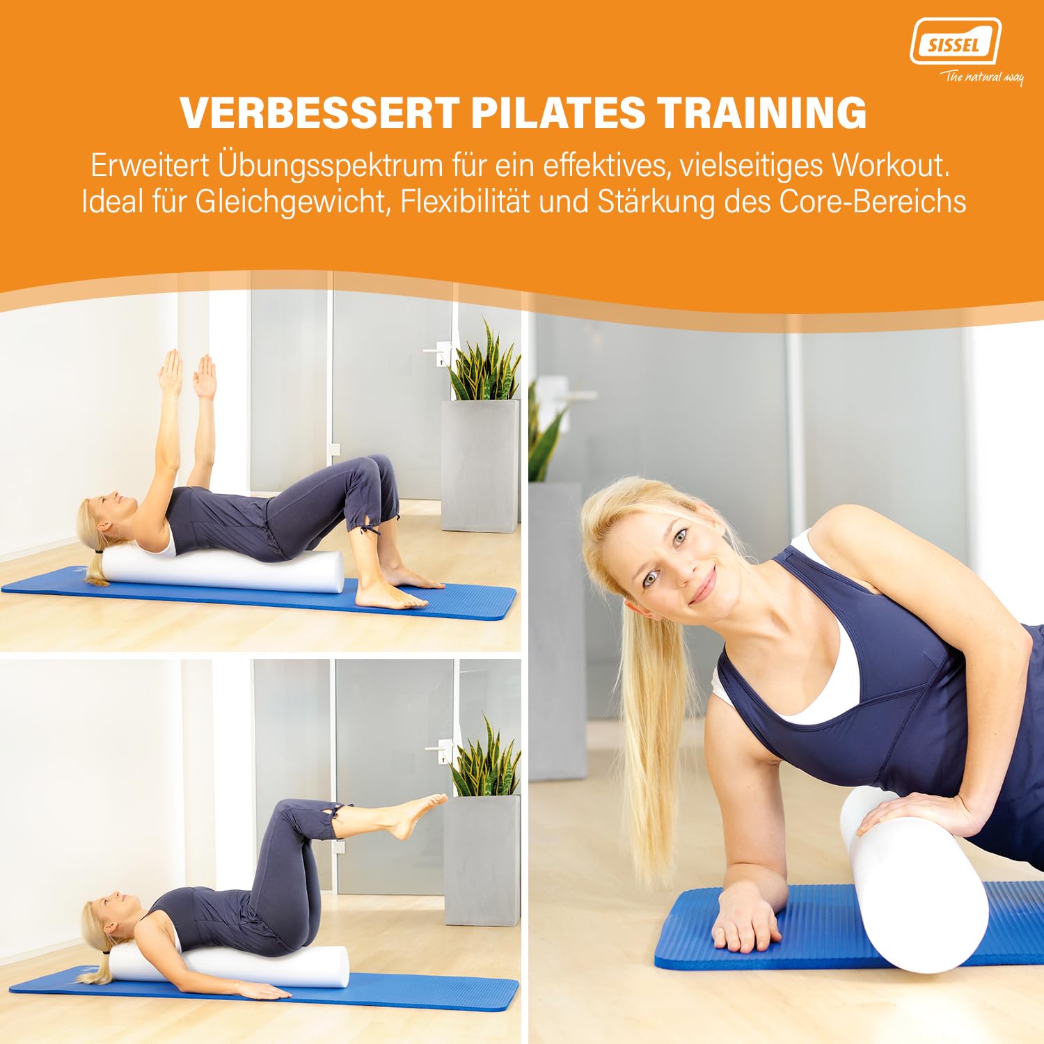 SISSEL Pilates Roller 90 cm Weiß | Foam Roller für Balance & Stabilität | Yoga Rolle & Pilates Zubehör für Core Training & Faszien | Rutschfest inkl. Übungsposter | Pilatesrolle | Yogarolle