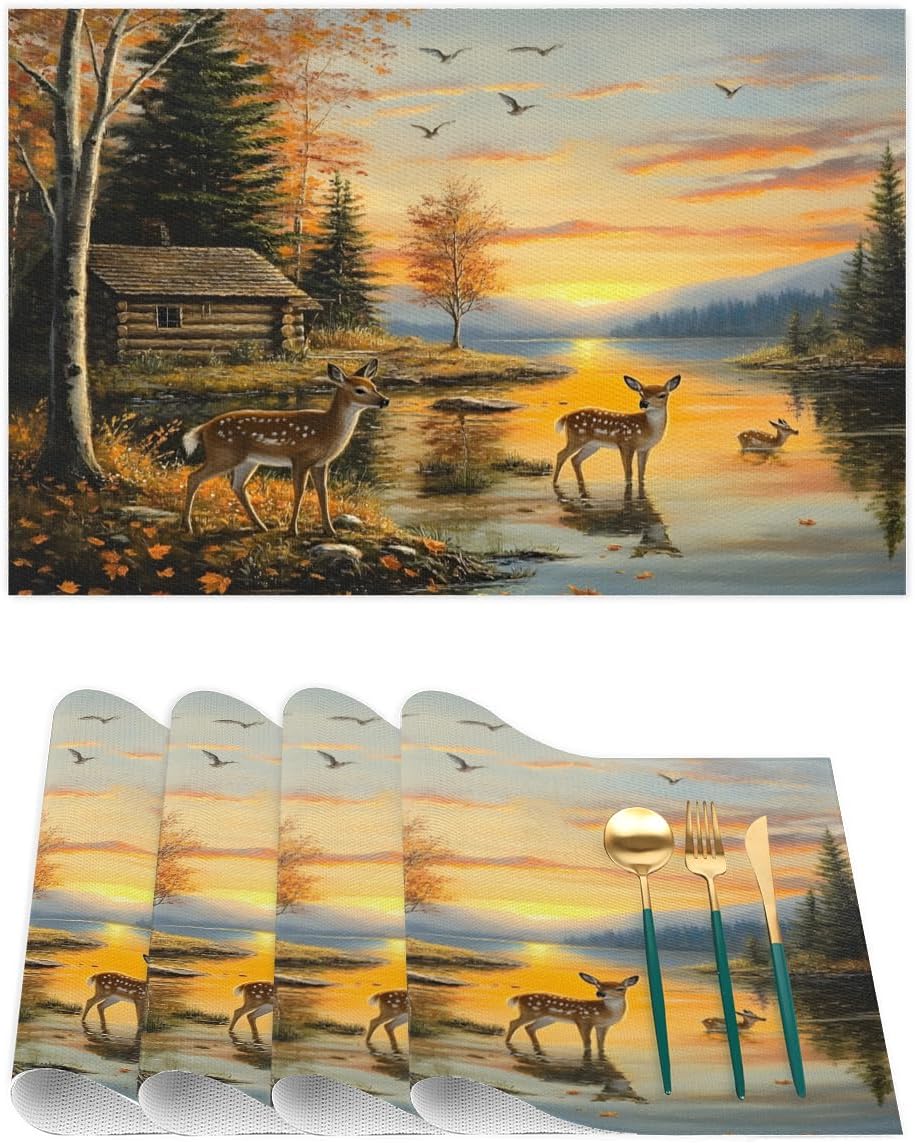 Fall Forest Animal Deer Placemats Set of 4 PVC Vinyl Non Slip Table Mats Heat Resistant Place Mats Washable Wipeable Dining Table Mat for Kitchen Decor Party Indoor Outdoor Decorative Gift