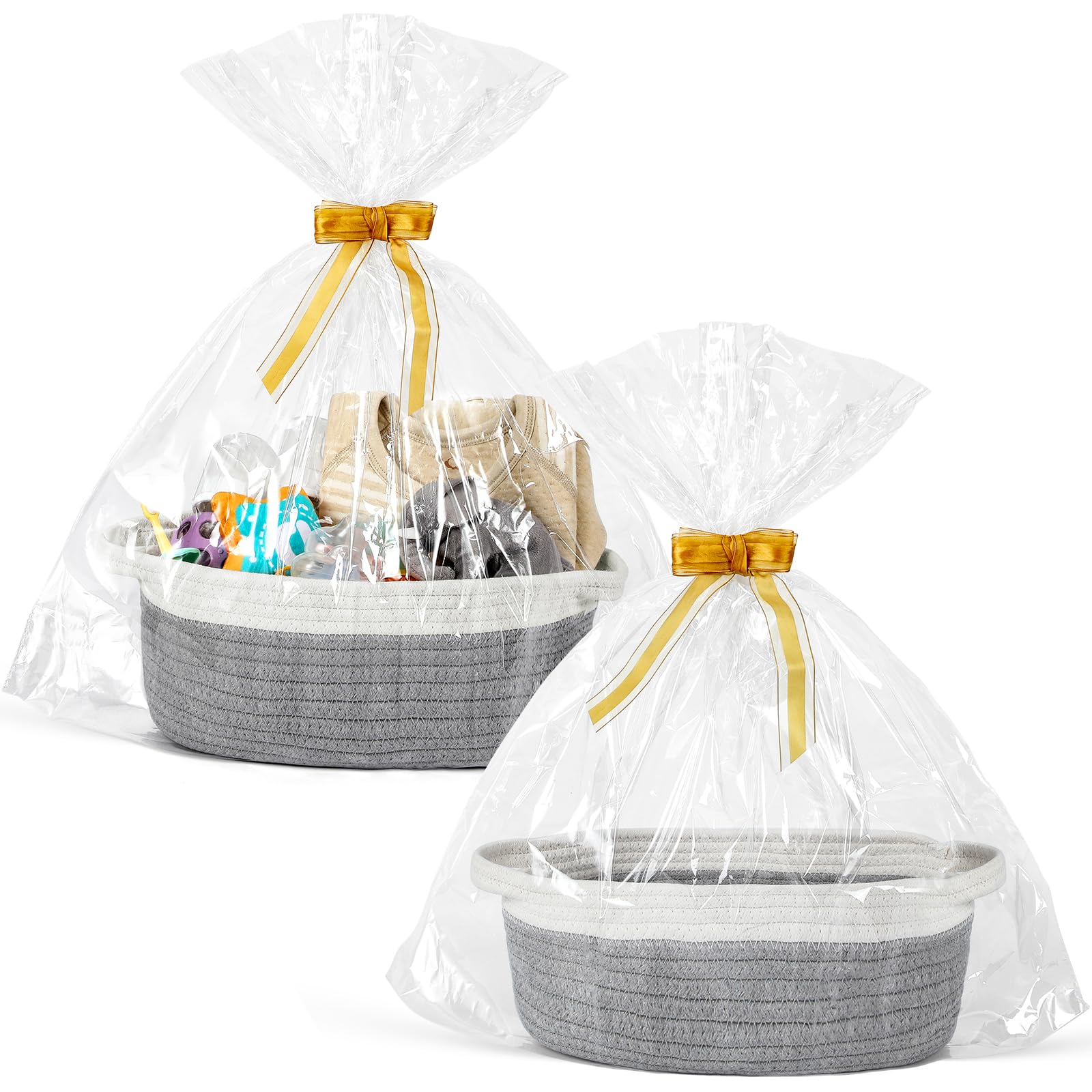 Photo 1 of 2 Pack Small Woven Basket with Gift Bags and Ribbons, Empty Decorative Gift Chest Box, Cute Baby Gift Basket for Nursery, Cotton Rope Room Shelf Storage Basket with Handles, All 12"x 8"x 5", Gray