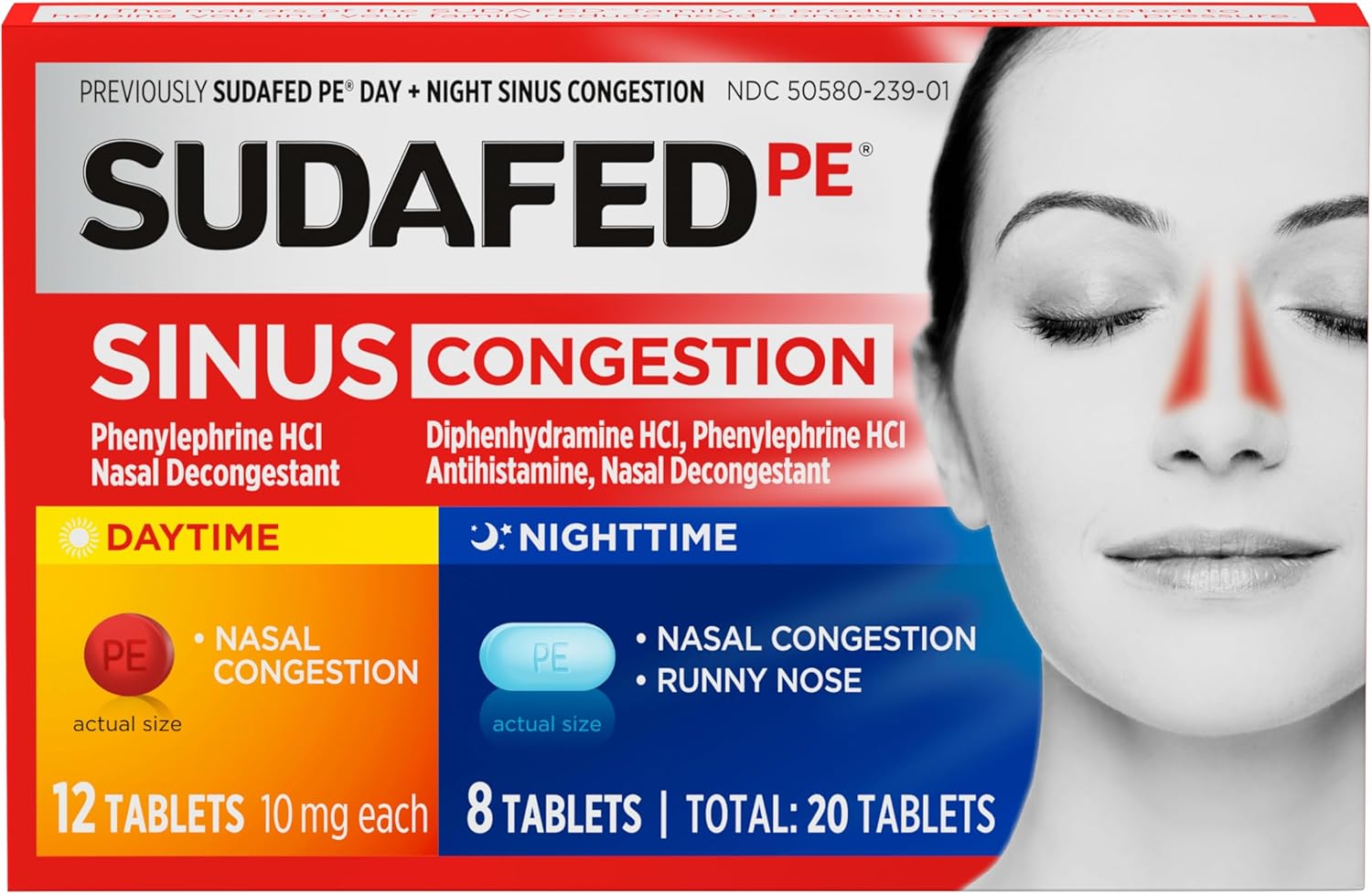 Sudafed PE Sinus Congestion Day + Night Maximum Strength Decongestant & Antihistamine Tablets with Phenylephrine HCl & Diphenhydramine HCl, Helps Nasal & Sinus Pressure & Congestion, 20 ct