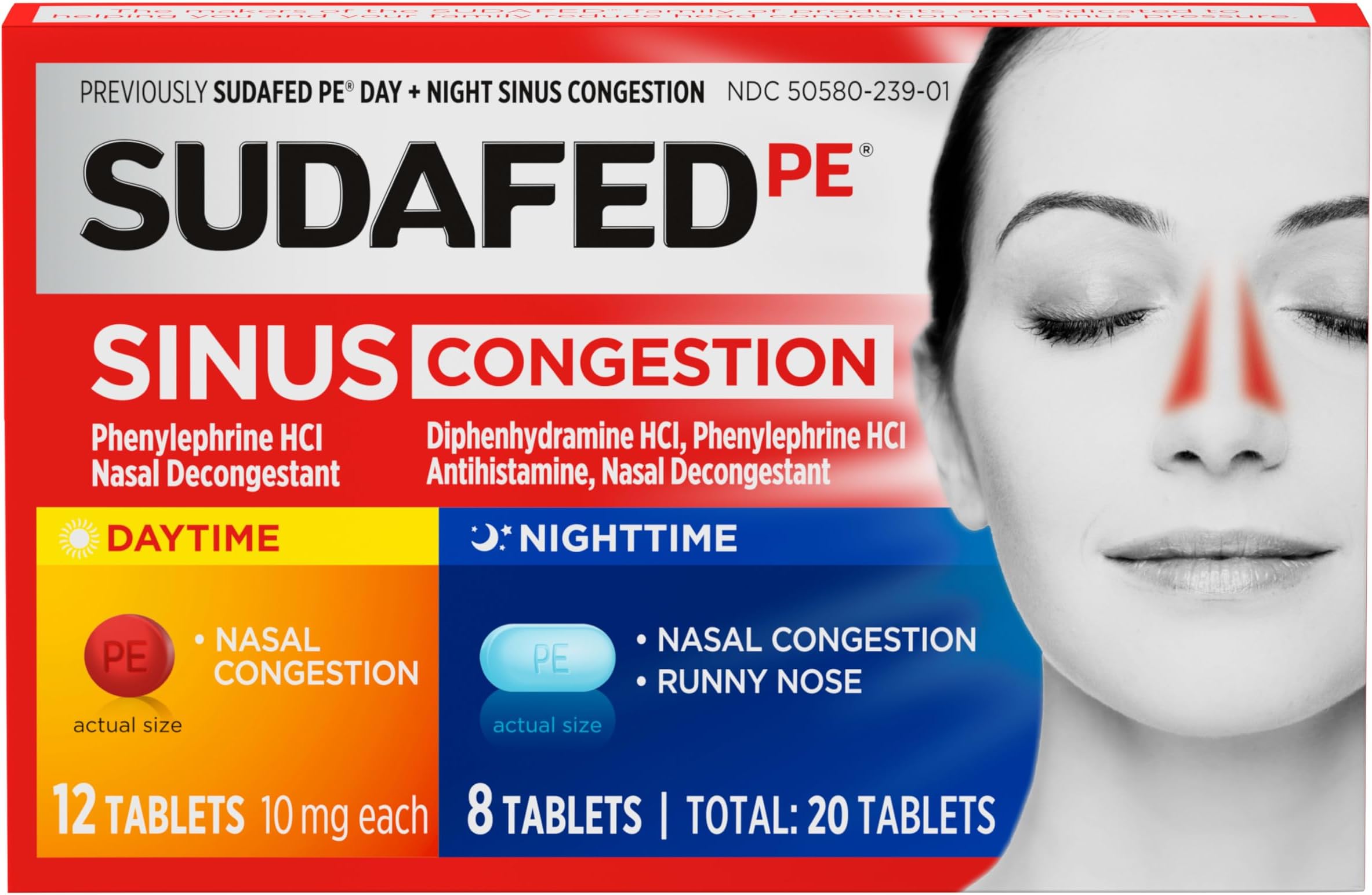 Sudafed PE Sinus Congestion Day + Night Maximum Strength Decongestant & Antihistamine Tablets with Phenylephrine HCl & Diphenhydramine HCl, Helps Nasal & Sinus Pressure & Congestion, 20 ct