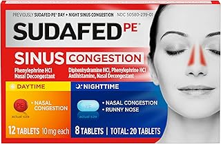 PE Sinus Congestion Day + Night Maximum Strength Decongestant & Antihistamine Tablets with Phenylephrine HCl & Diphenhydramine HCl, Helps Nasal & Sinus Pressure & Congestion, 20 ct