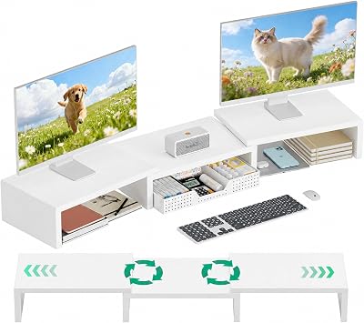 OPNICE Desk Organizer, Dual Computer Monitor Stand Riser with Drawer, Office Desk Accessories & Workspace Organizers, White