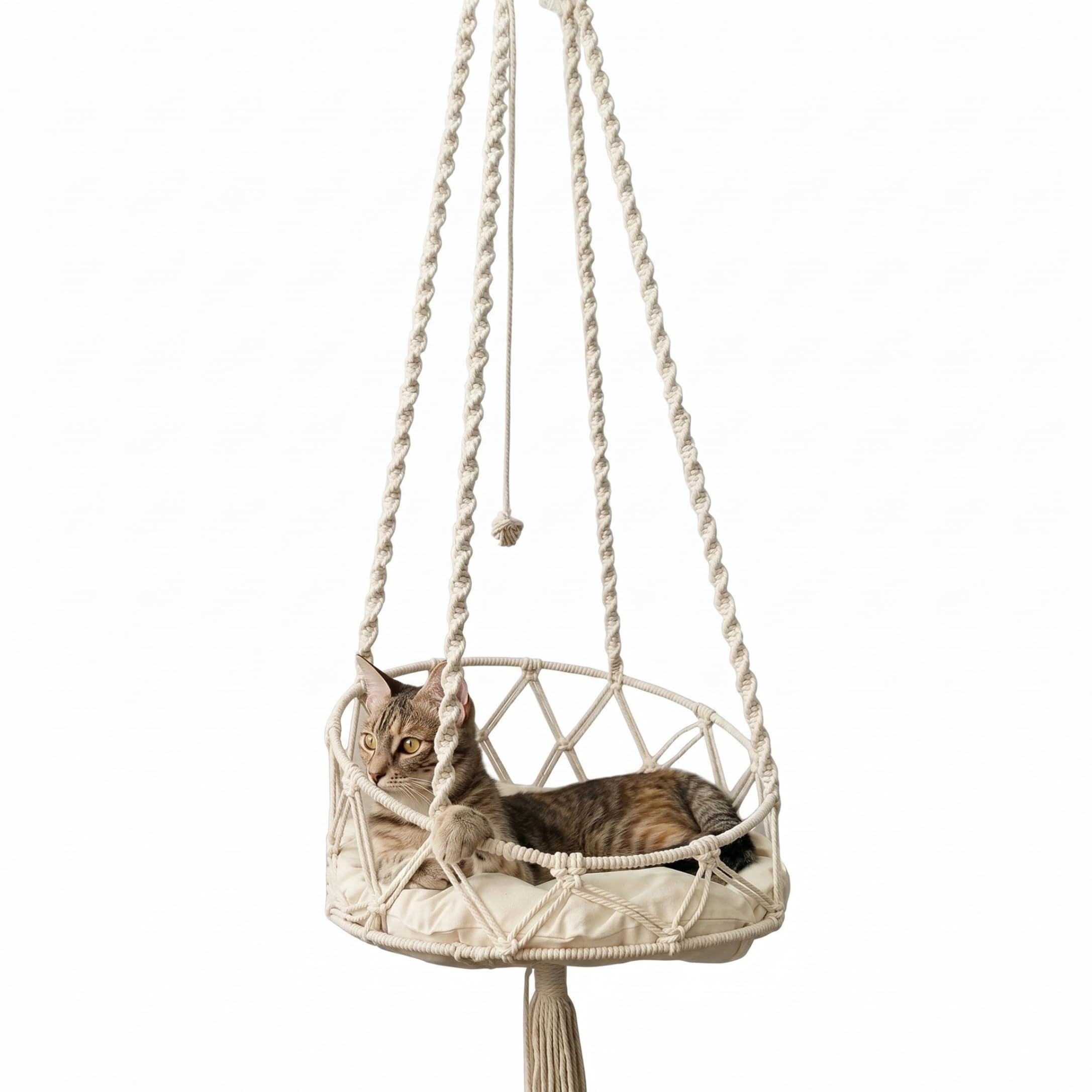 Hängendes Katzenbett, hängende Katzenhängematte, handgewebte Schaukel mit weichem Kissen und Bommel für drinnen und draußen, weiß, Hängematte für Fenster