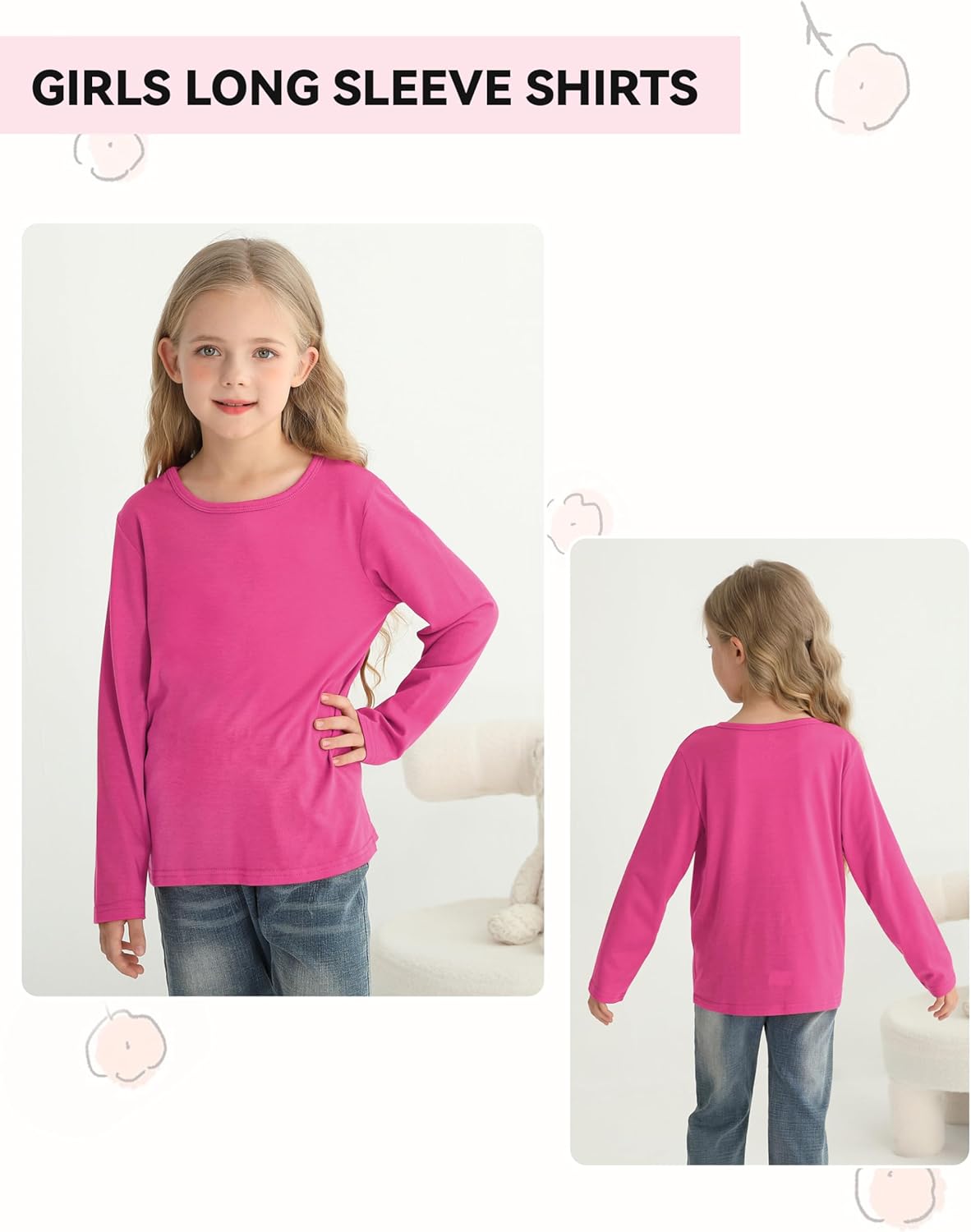 5 Pack Girls Long Sleeve Shirts Soft Crewneck Long-Sleeve T-Shirts Basic Tagless Layering Tees - Image 4
