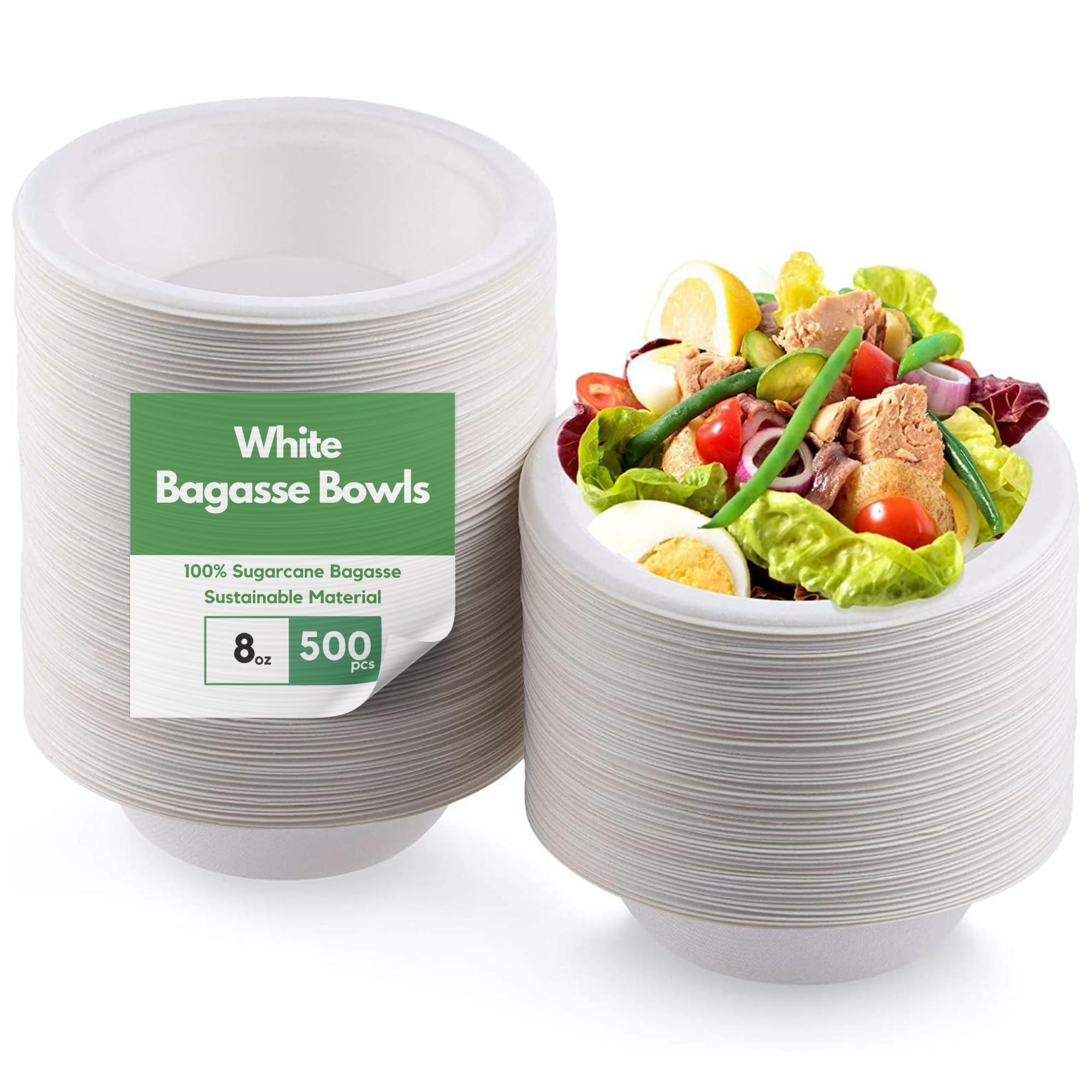 CaterCo Bagasse Sugarcane 8oz / 240ml Bowls - Strong, Disposable, Biodegradable, Compostable Eco-Friendly White Paper Bowl for Soup, Salad, Dessert, Party, BBQ - 8oz Bowls - 500 Pack
